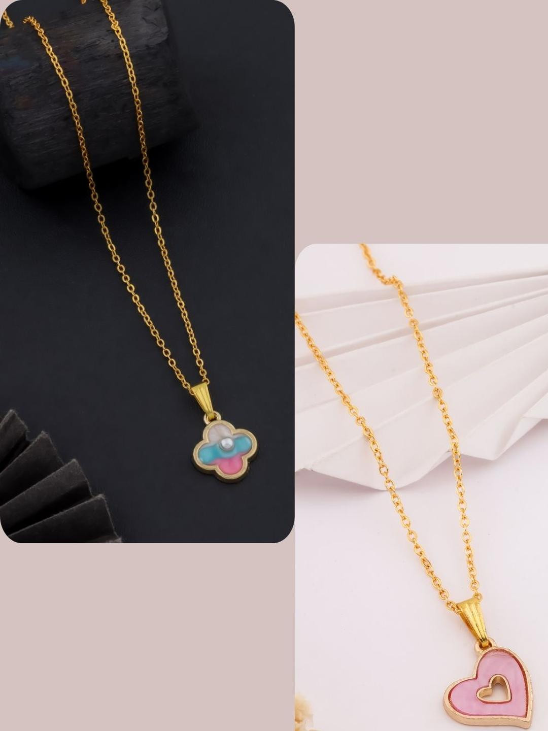 DressBerry Women Set Of 2 Pink & White Brass Gold-Plated Heart & Clove Leaf Charm Chains