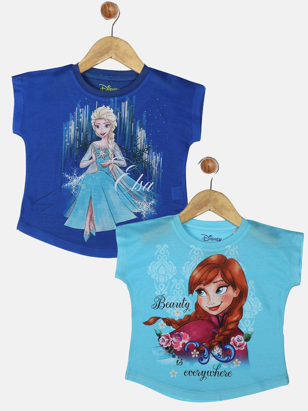 YK Disney Girls Pack of 2 Cartoon Characters Printed Extended Sleeves Regular Cotton Top
