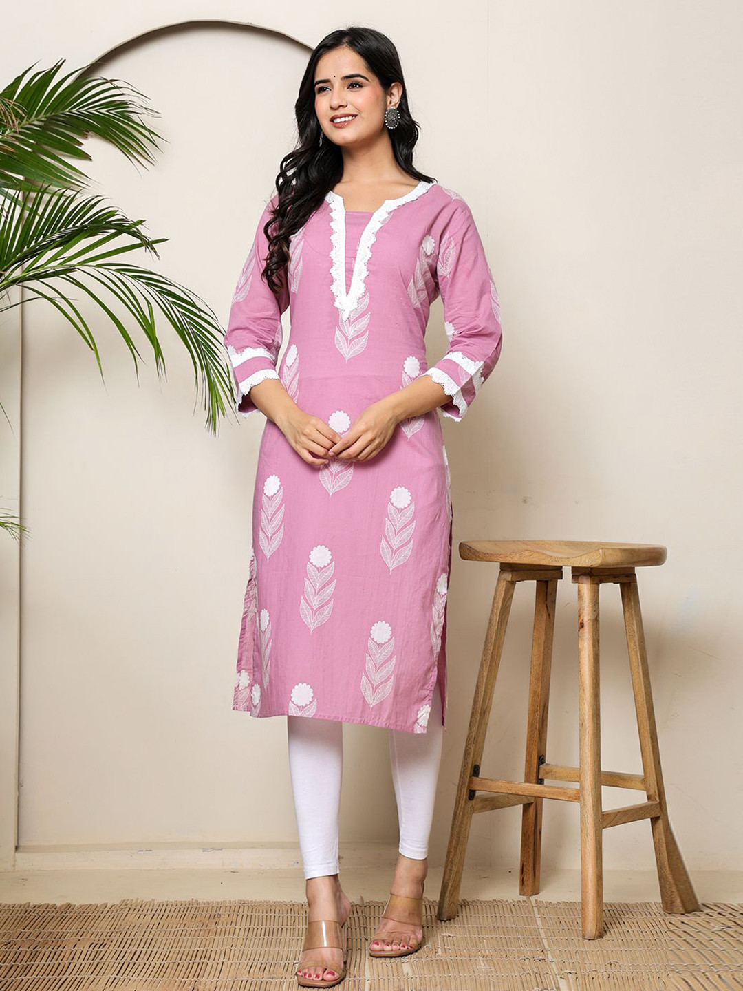 BADRIBHAI APPAREL Floral Printed Notch Neck Thread Work Pure Cotton Straight Kurta