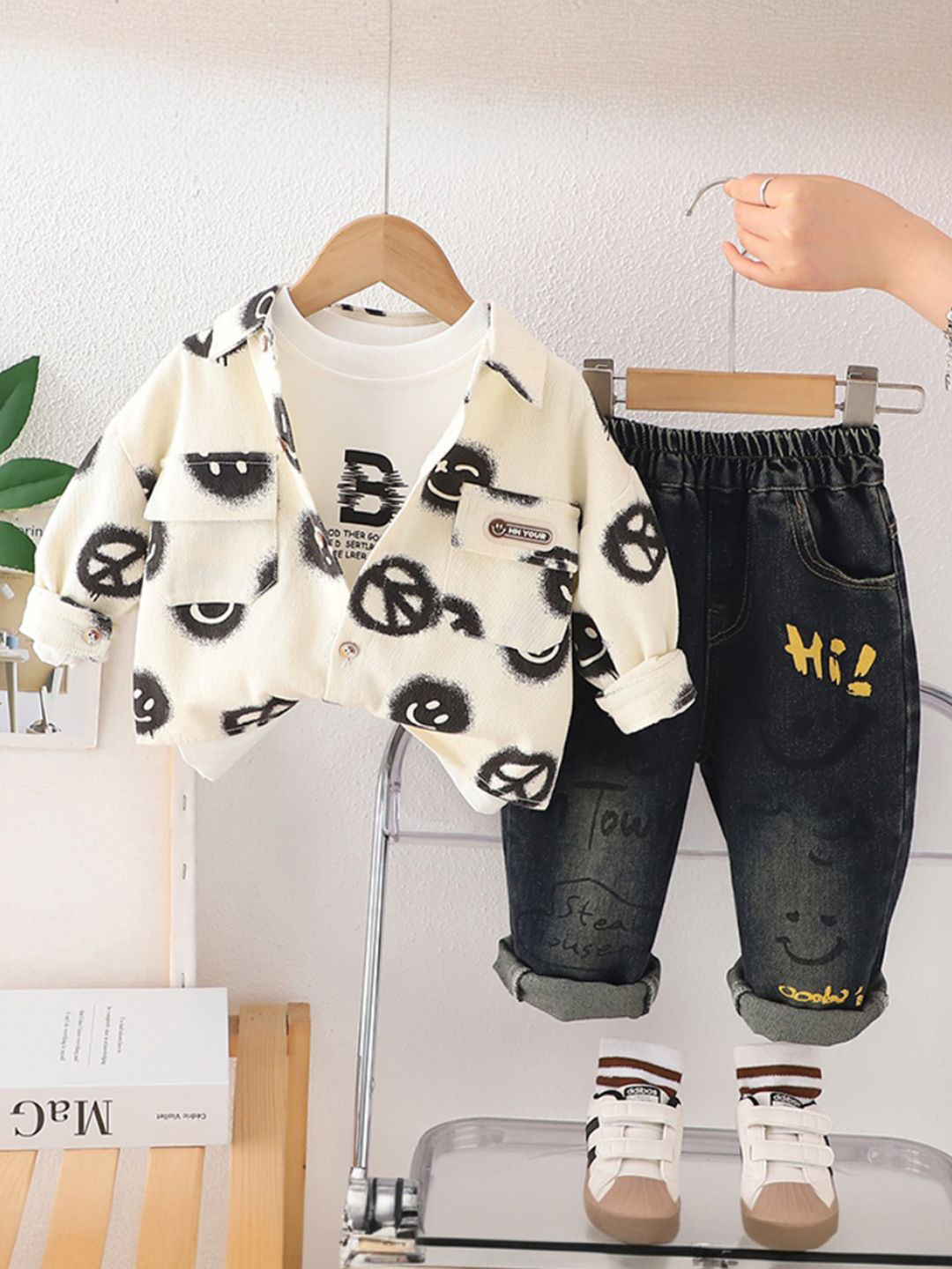 INCLUD Boys Abstract Printed Shirt Collar Shirt With T-Shirt And Denim Pants