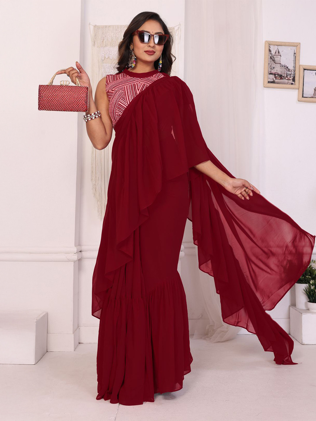 PATLANI STYLE Pure Georgette Ruffle Ready To Wear Saree