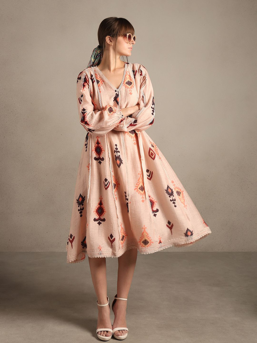 Vero Moda Women Tribal Print Puff Sleeves Belted Fit and Flare Midi Dress