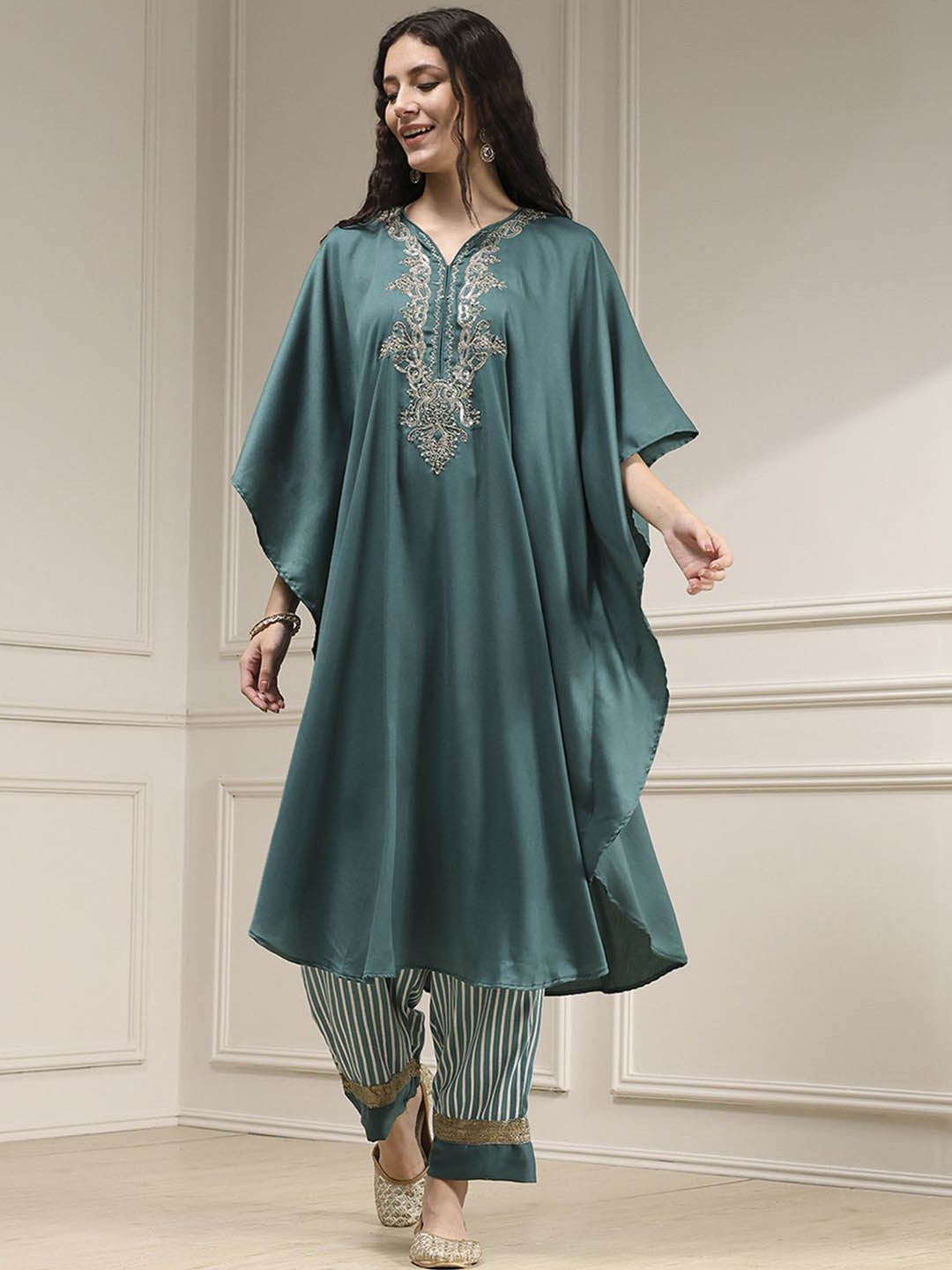 Biba Floral Yoke Design V-Neck Kaftan Kurta & Trousers