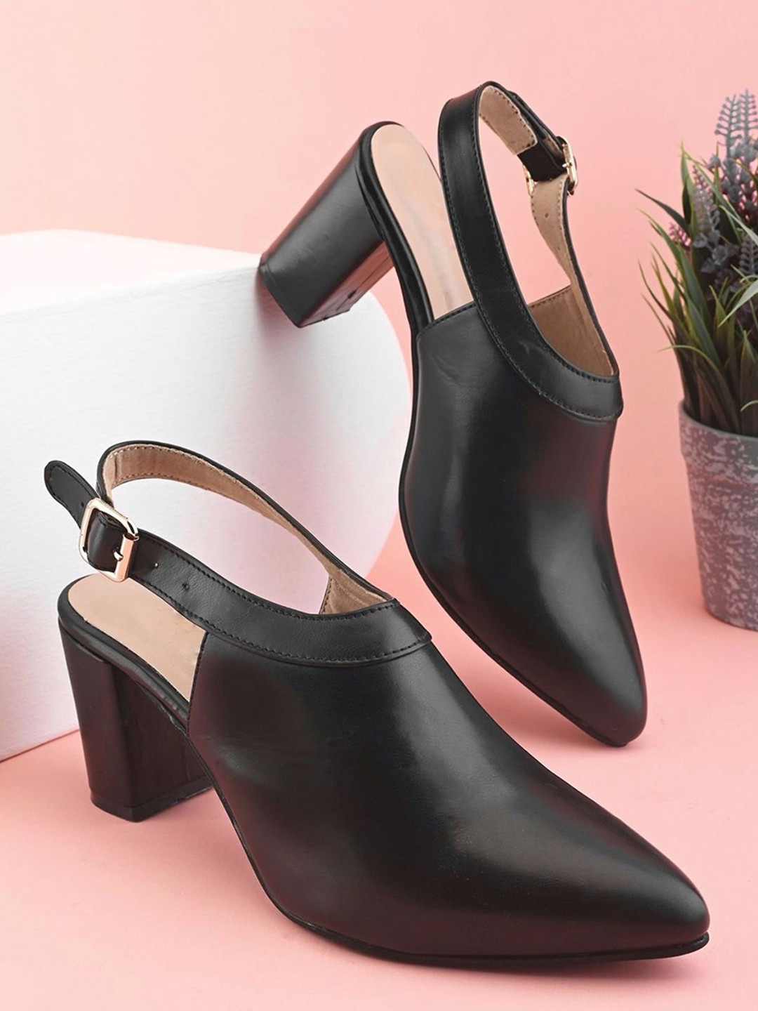 Looper Women Pointed Toe Block Mules Sandals With Buckle Closure