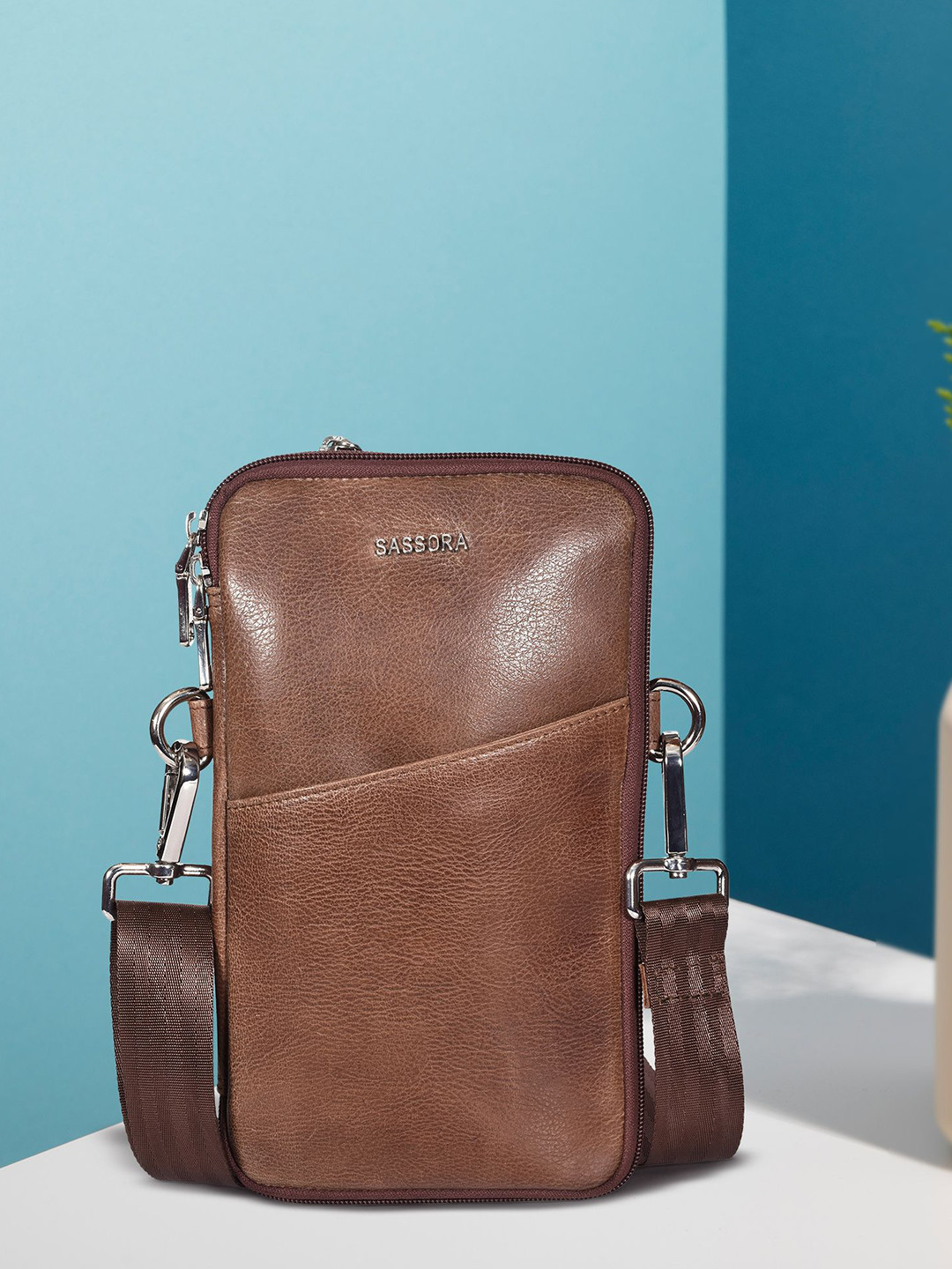 Sassora Solid Genuine Leather Sling Bag With Cut Work