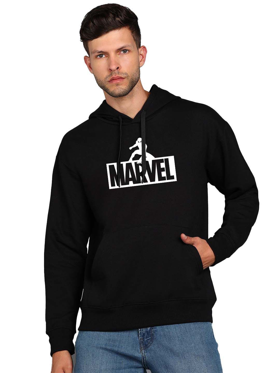 Organic Chics Men Typography Printed Hooded Spider Marvel Sweatshirt