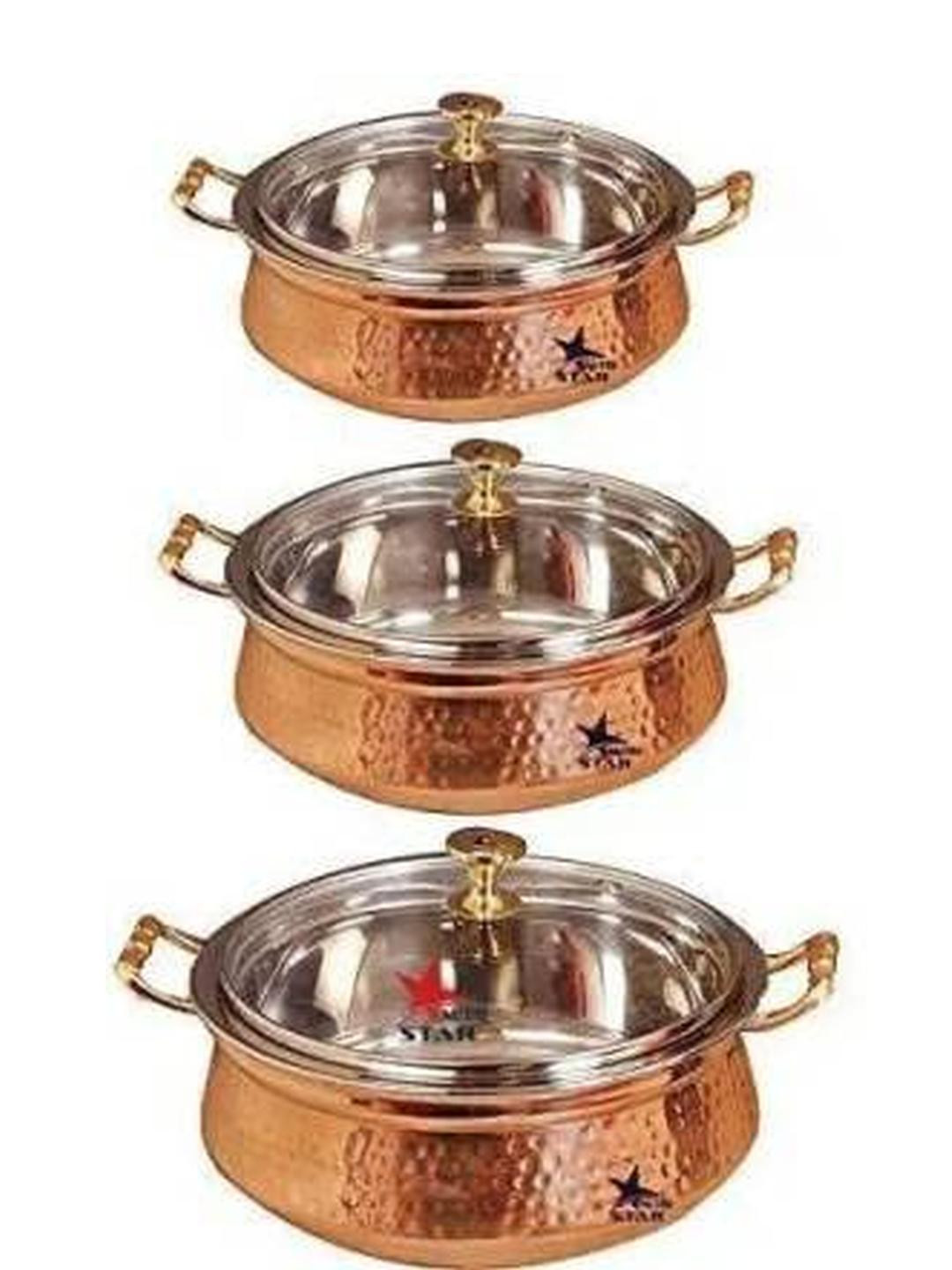 SHAKUNTLA VINTAGE Vintage Copper Set Of 3 Non-Stick Coated Serving Pot Gift Set