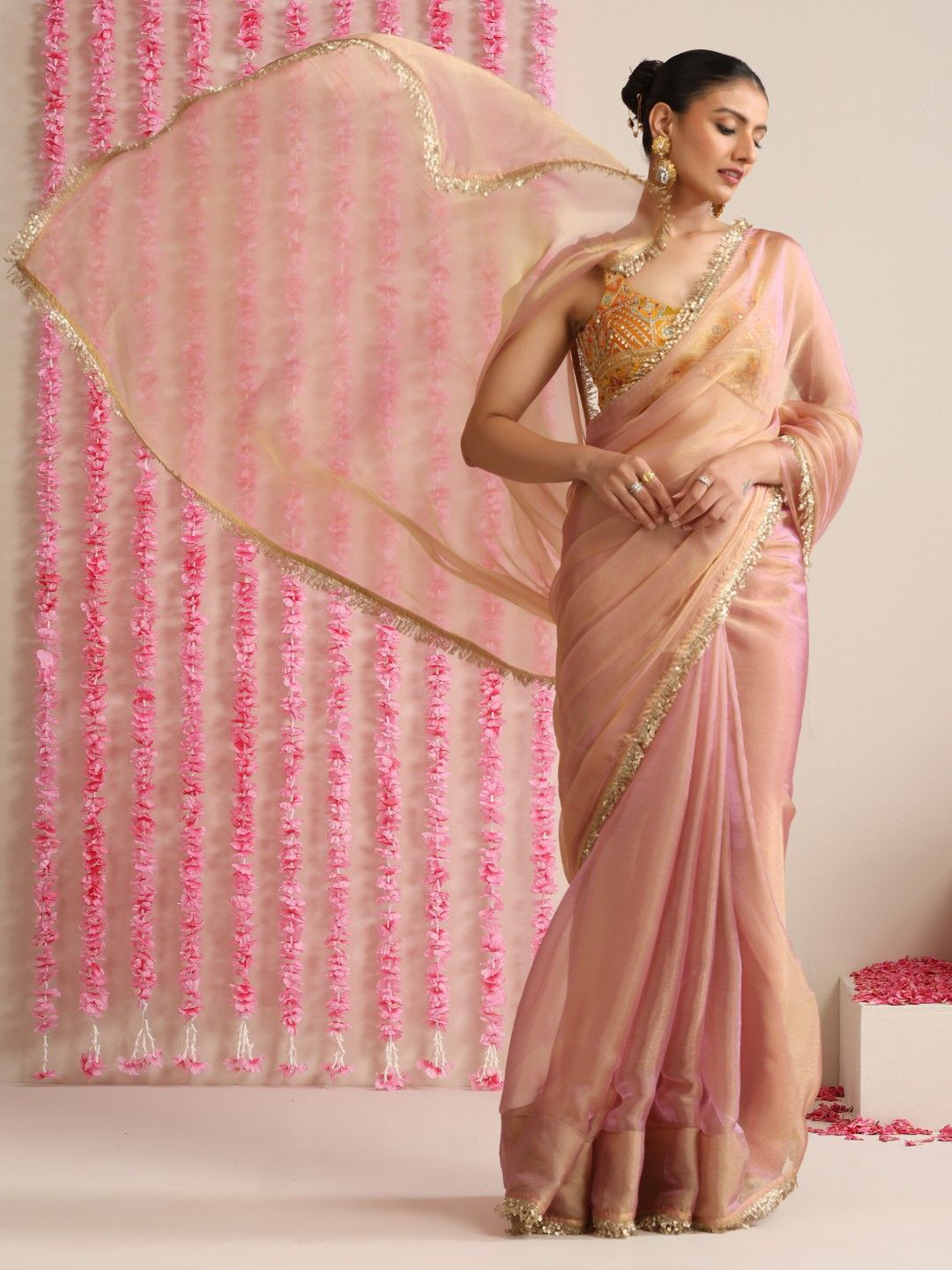 Swtantra Pink Lilac Metallic Chiffon Saree with Sequin Lace