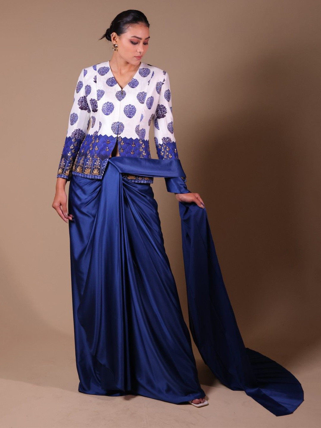 THETAA Hand Embroidered Coat With Satin Pre-Draped Saree