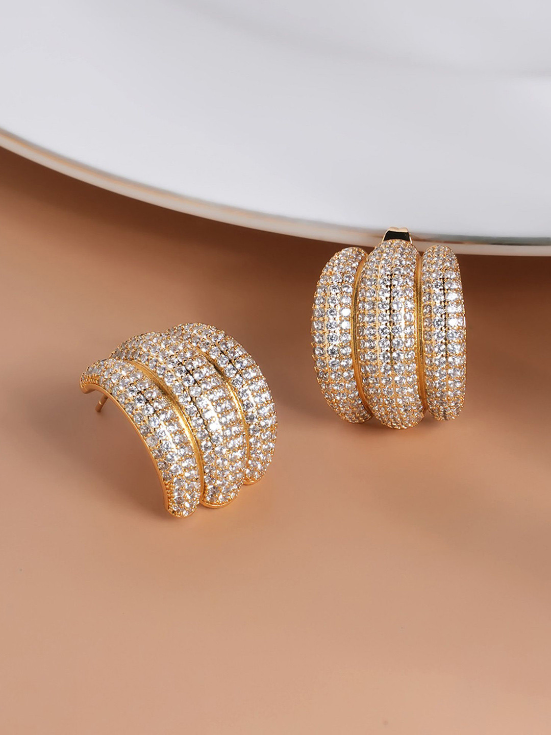 PALMONAS Gold-Plated Cubic Zirconia Triple C Diamond Hoop Earrings
