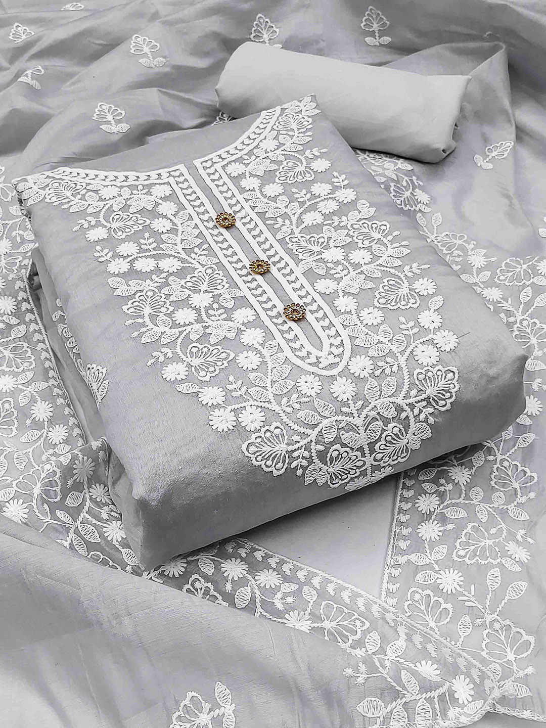 Blissta Chanderi Cotton Embroidered Dress Material