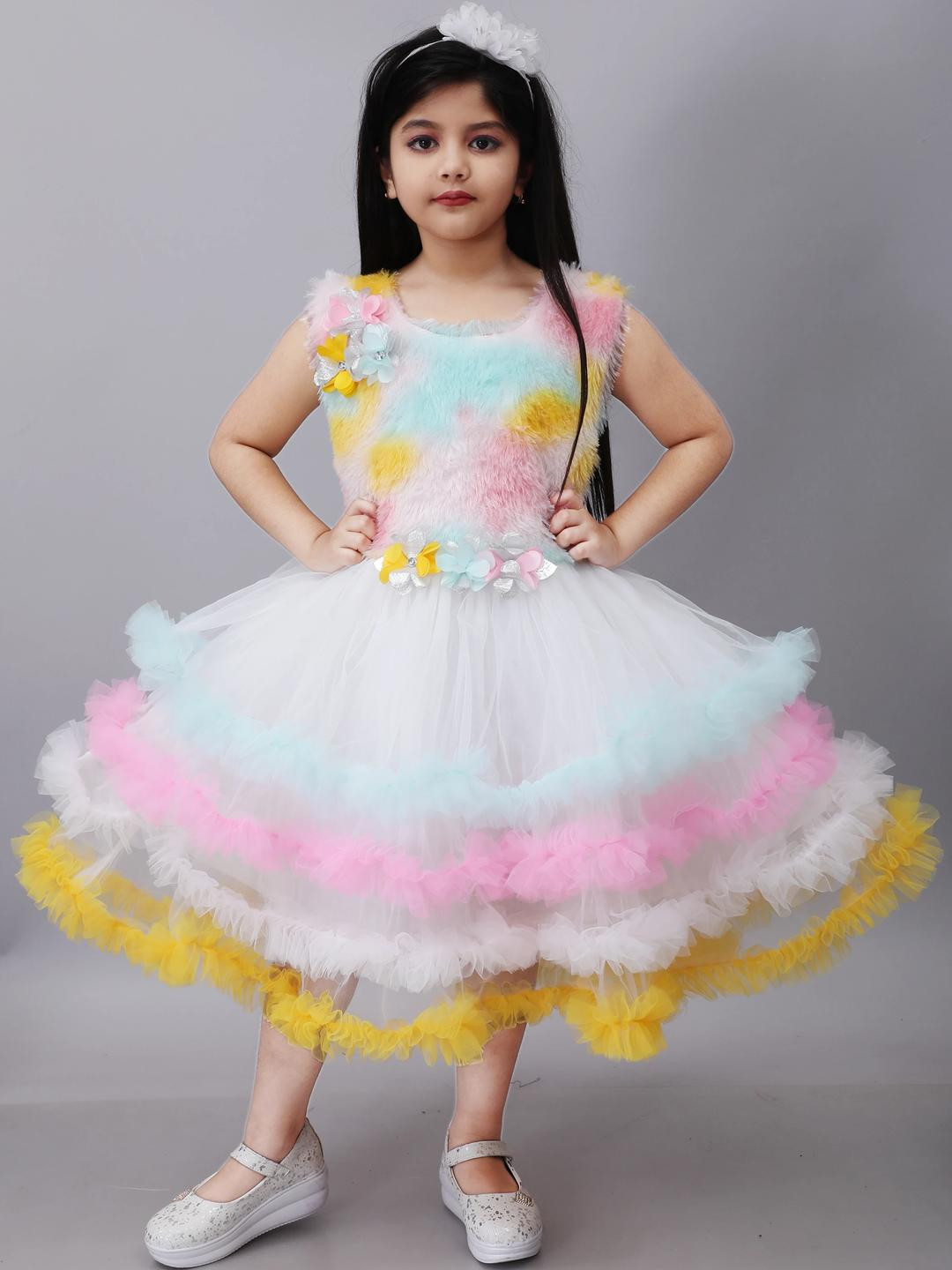 sms dressses Girls Multicolored Embellished Ruffled Net Fit & Flare Midi Dress