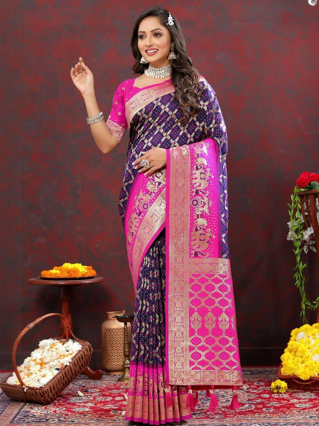 Kriyansh Navy Blue Cotton Blend Paithani Saree
