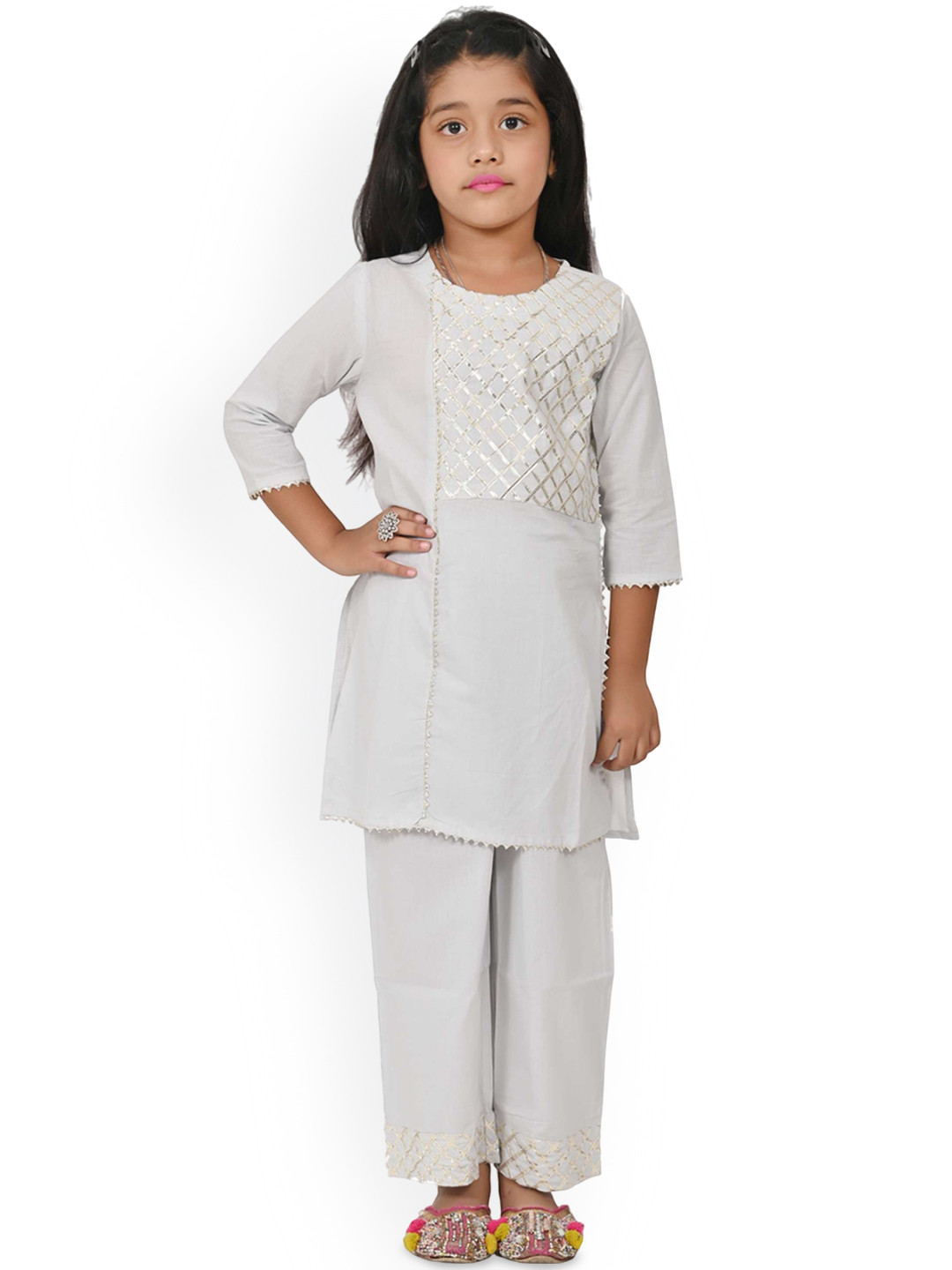 GIANNA Girls Checked Woven Design Regular Gotta Patti Kurta with Pyjamas