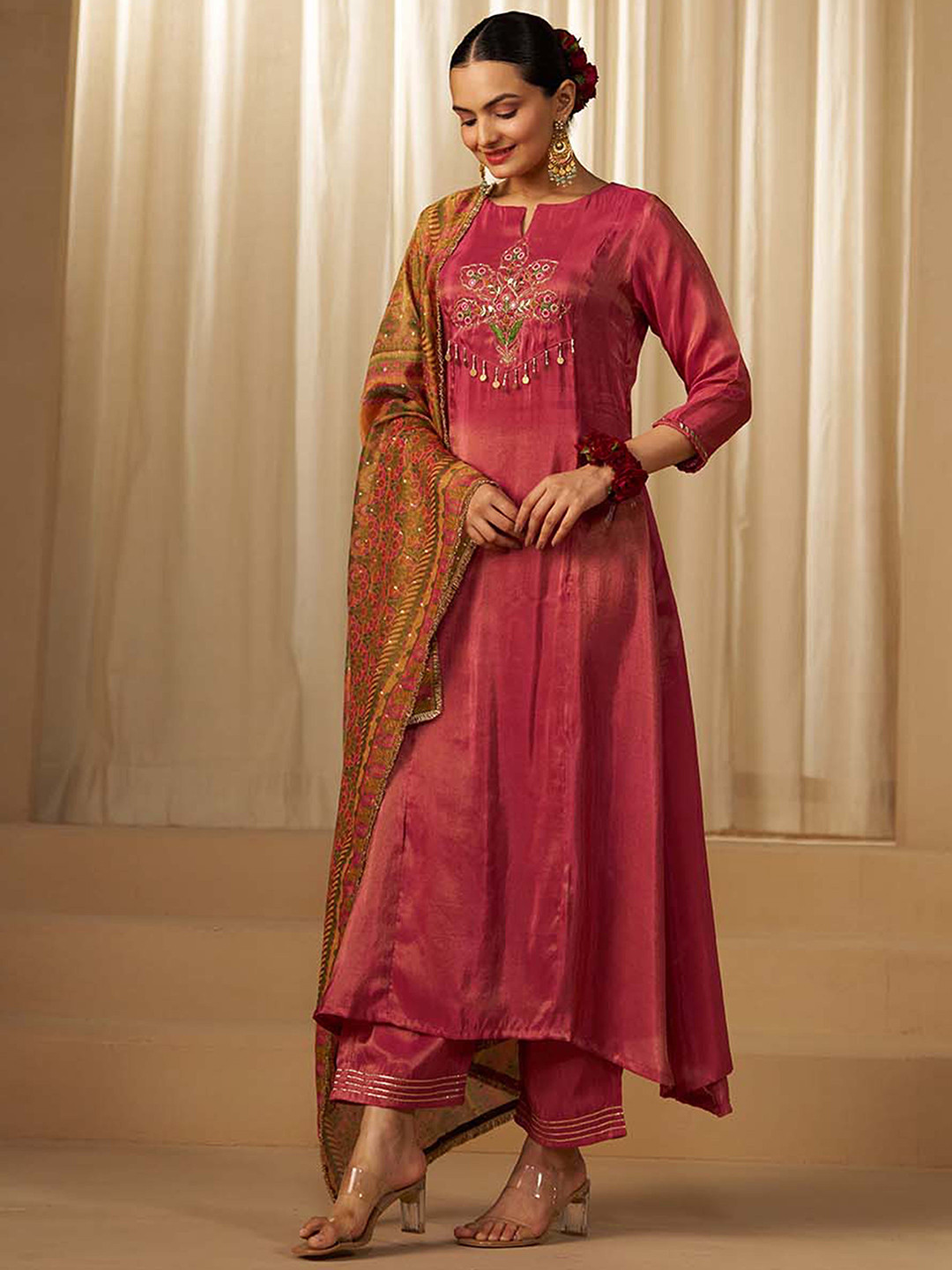SUKRUTI DESIGN Floral Yoke Design Beads And Stones Kurta With Trousers & Dupatta