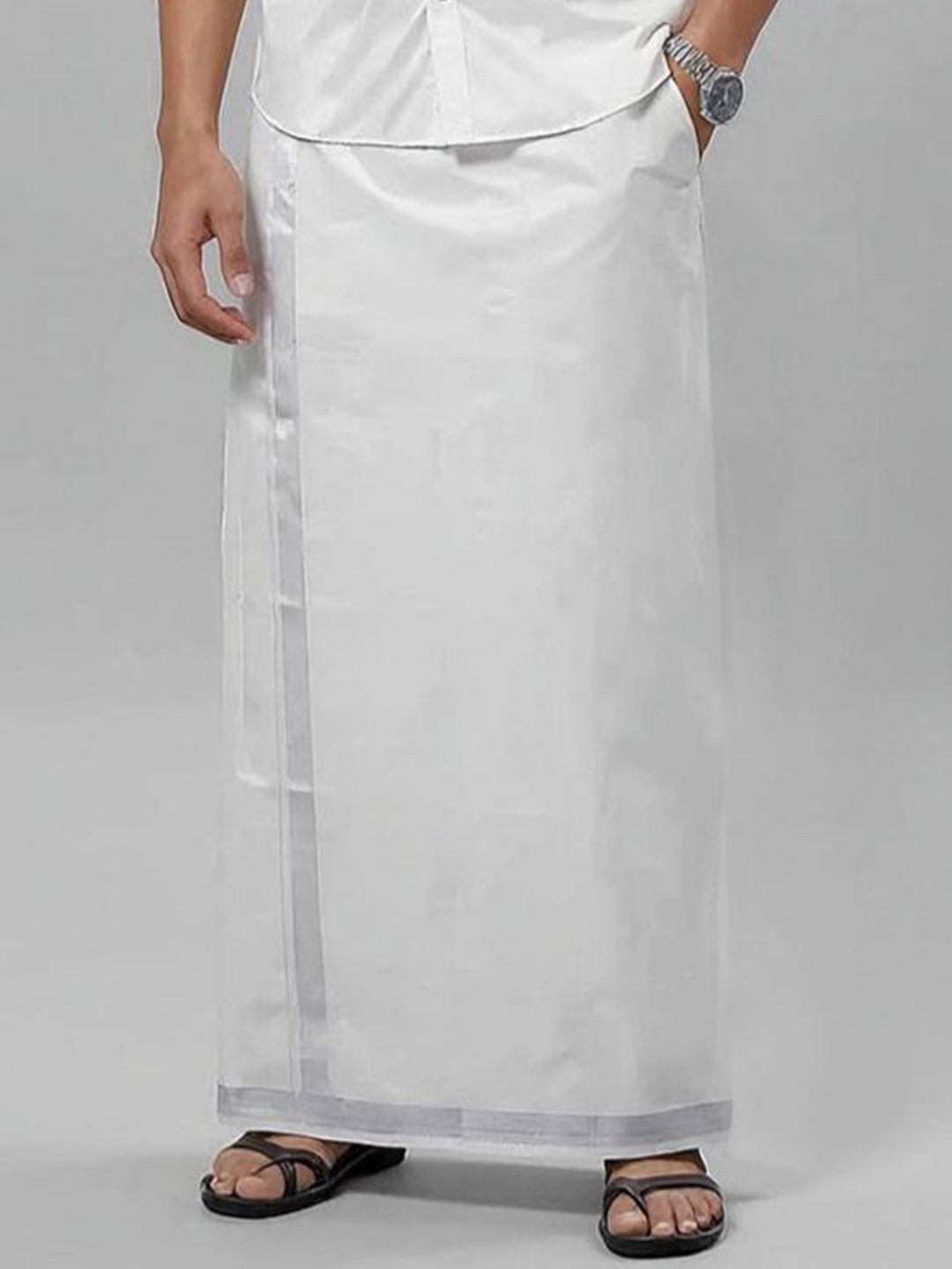 Viveagham Men Tissue Readymade Zari Border Single Layer Dhoti