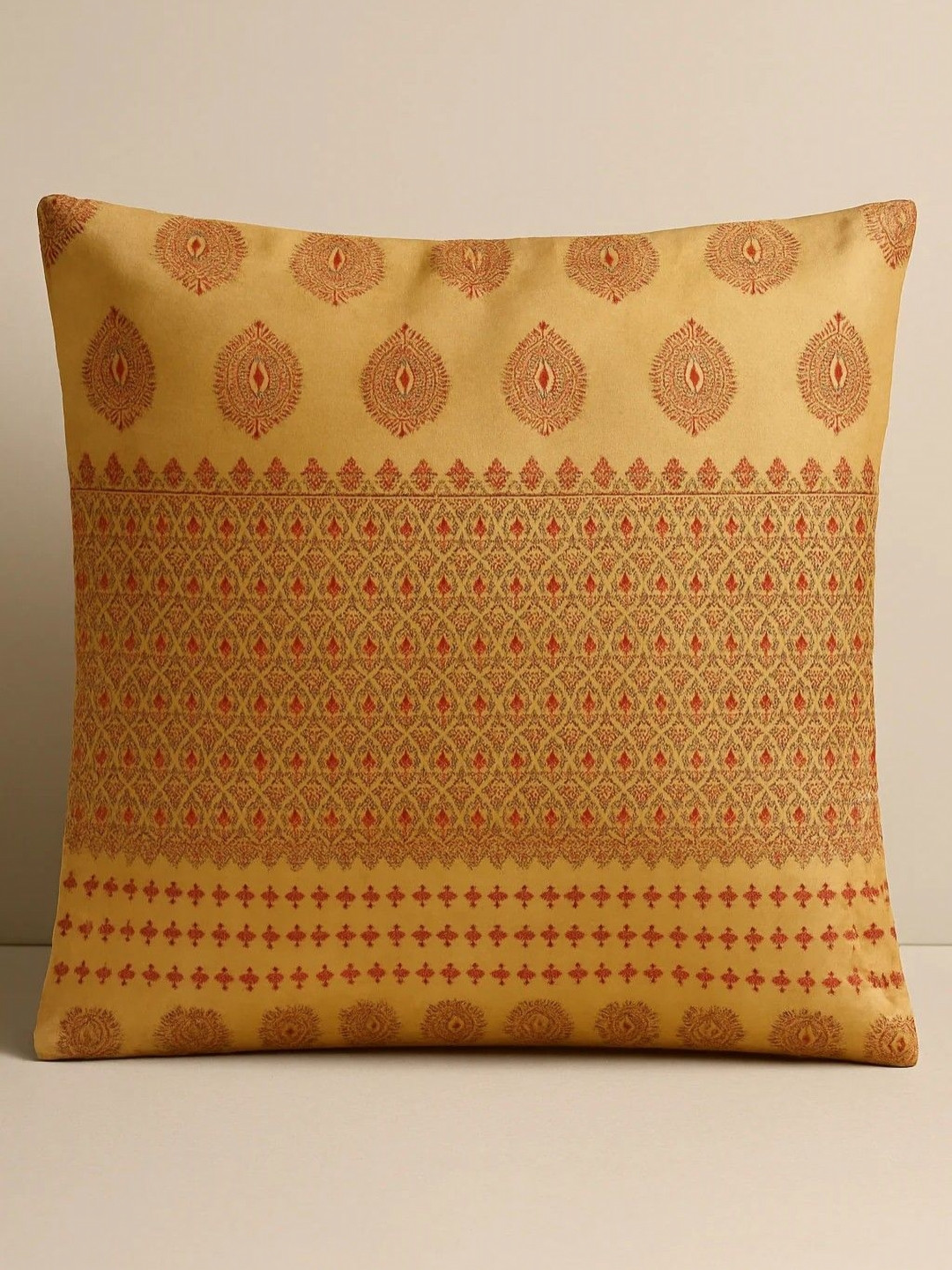 Apaapi Threads of glory Beige & Red Ethnic Motifs Printed Silk Square Cushion Covers