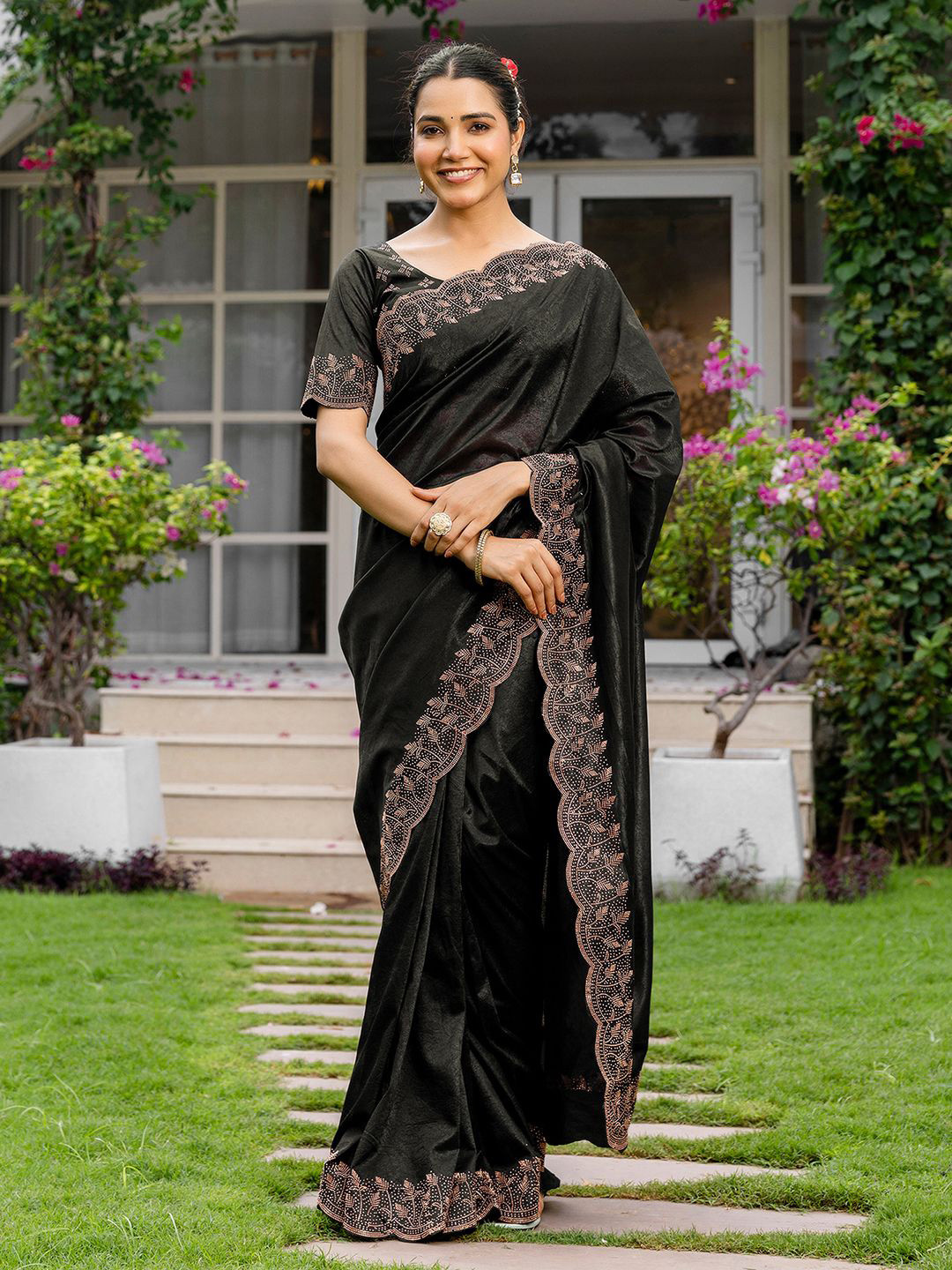 all about you Women Black Tissue Embellished Saree With Unstitched Blouse
