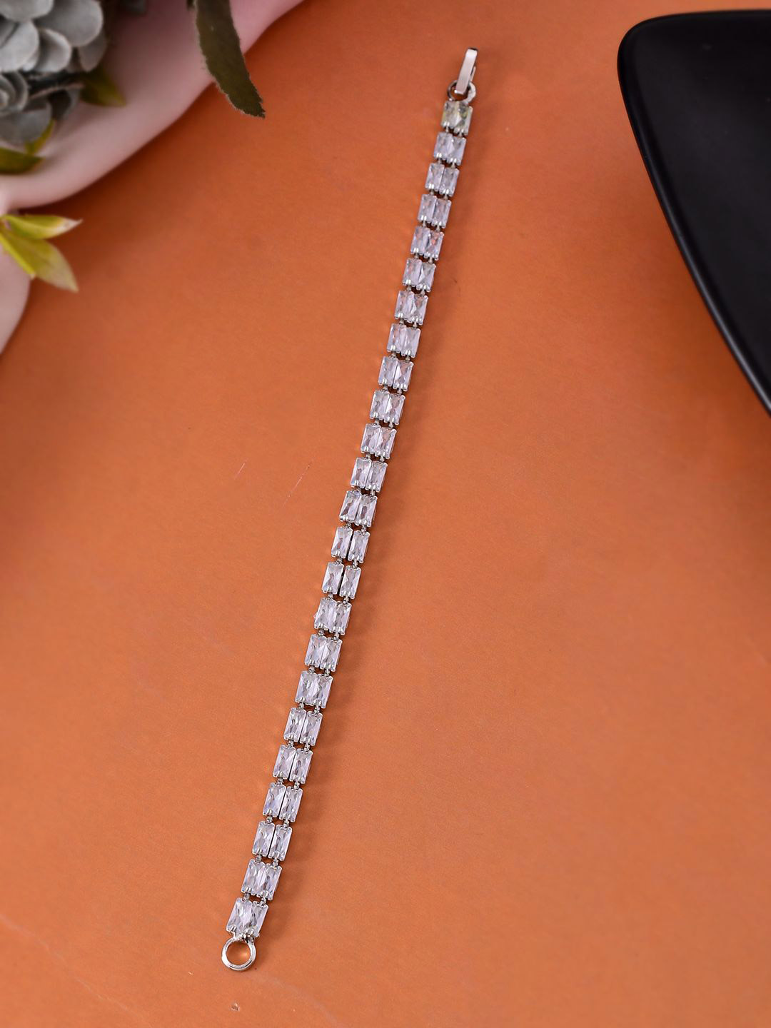 Silvermerc Designs Silver-Plated Double Row Baguette CZ Tennis Link Bracelet