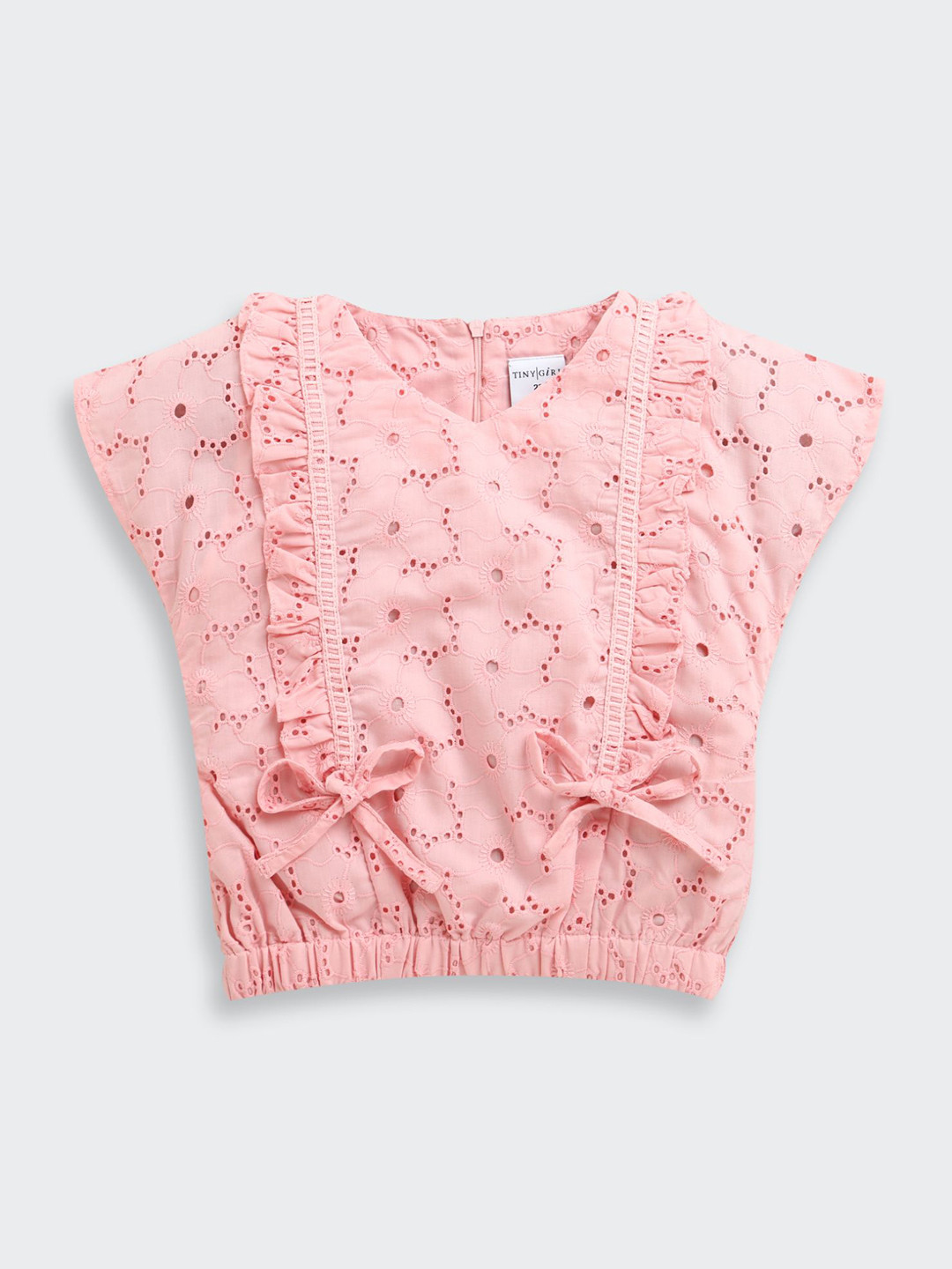 Tiny Girl Floral Embroidered Extended Sleeves Cotton Cinched Waist Top With Ruffles
