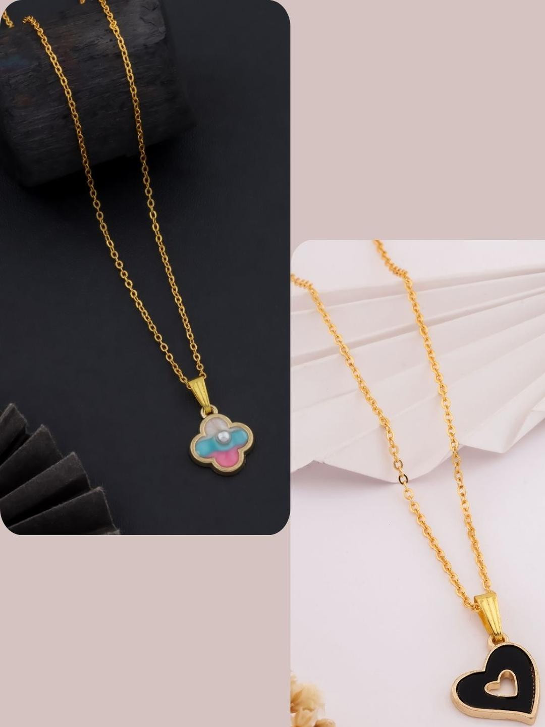 DressBerry Women Set of 2 Black and Multicolored Brass Gold-Plated Handcrafted Necklace