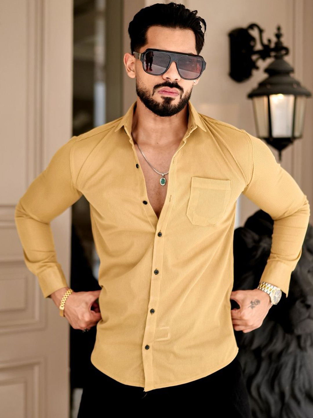 VORTEX Men Original Slim Fit Vertical Striped Spread Collar Casual Shirt