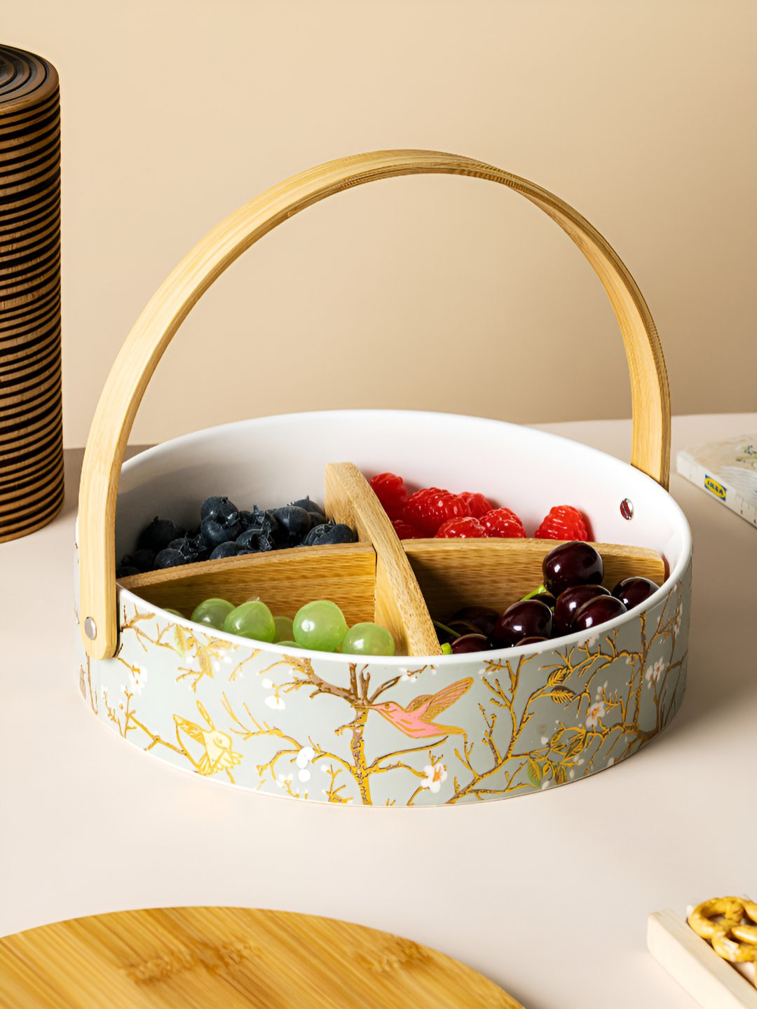White Gold Grey & Gold Toned Printed Snack Bowl With Wooden Handle & Lid