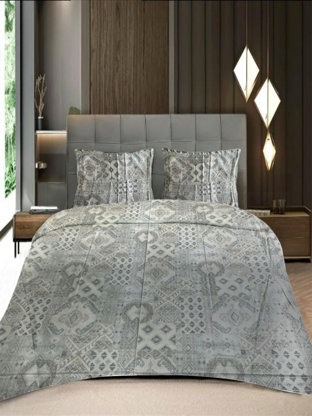 Threadwear Grey & Grey Melange Printed 400TC Cotton Queen Bedsheet Set 2.54 m x 2.30 m