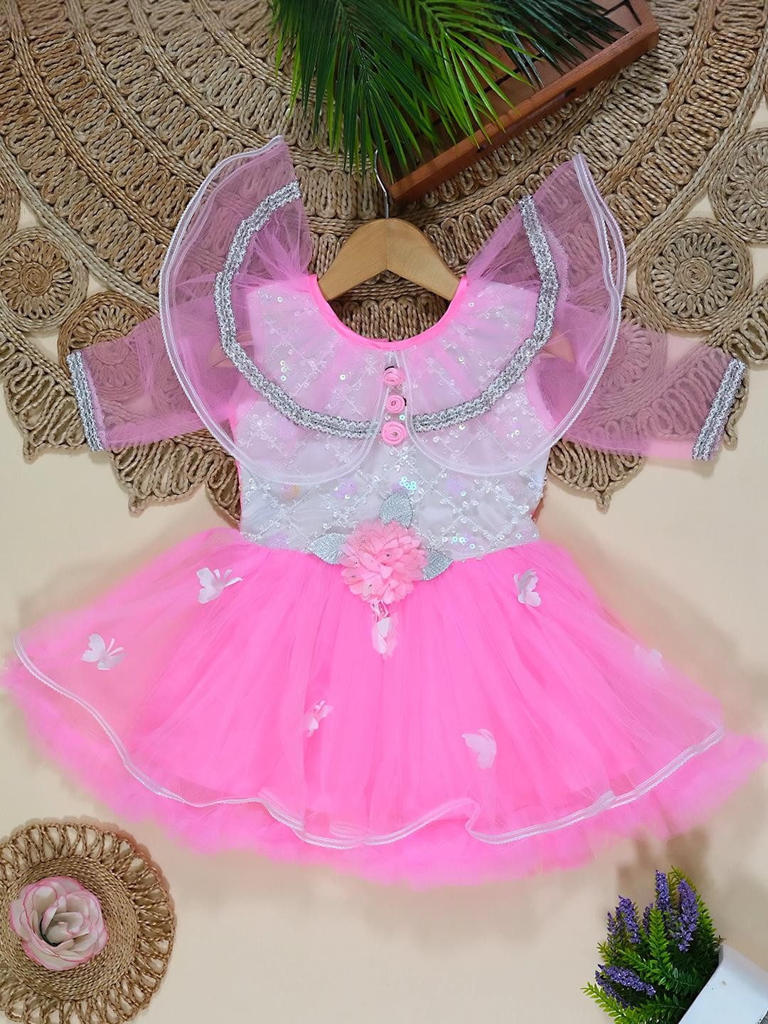 sms dressses Embellished Pink Net Fit & Flare Dress