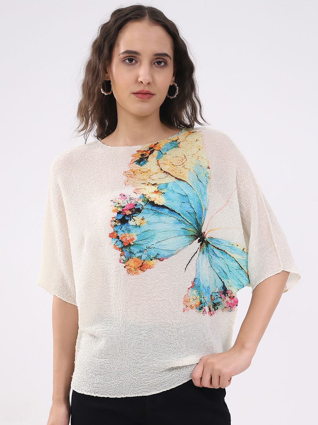 Global Republic Women Butterfly Printed Short Sleeve Blouson Top