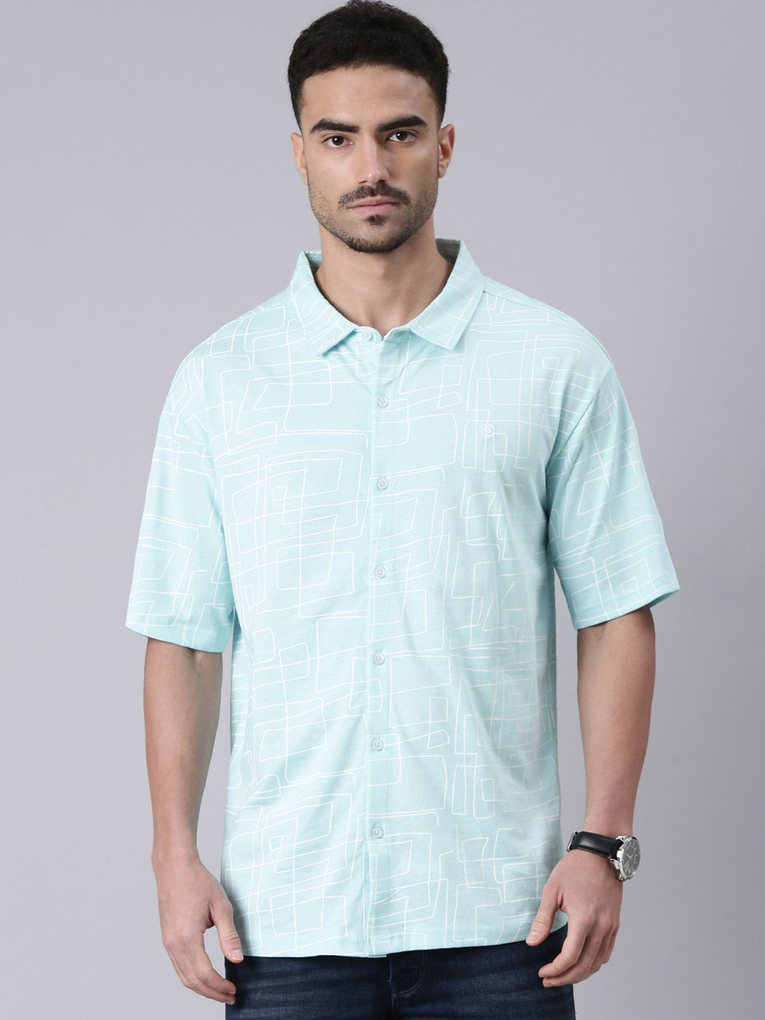 Classic Polo Oversized Abstract Printed Spread Collar Cotton Shirt