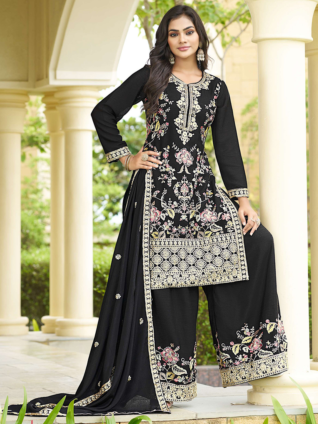 Miss Ethnik Women Woven Design Embroidered Kurta with Palazzos & Dupatta