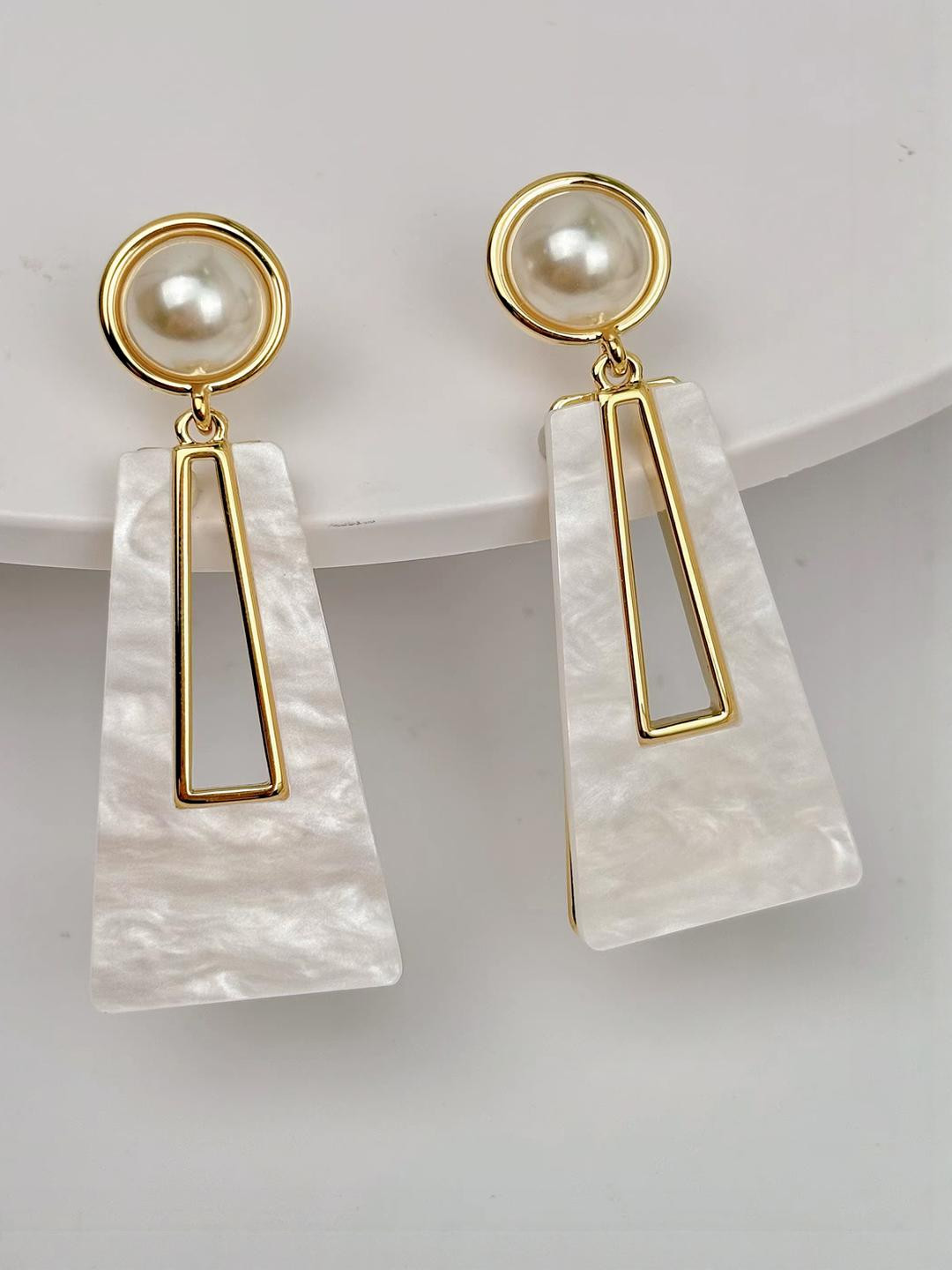 Rovlina Women White & Gold-Plated Geometric Alloy Drop Earrings