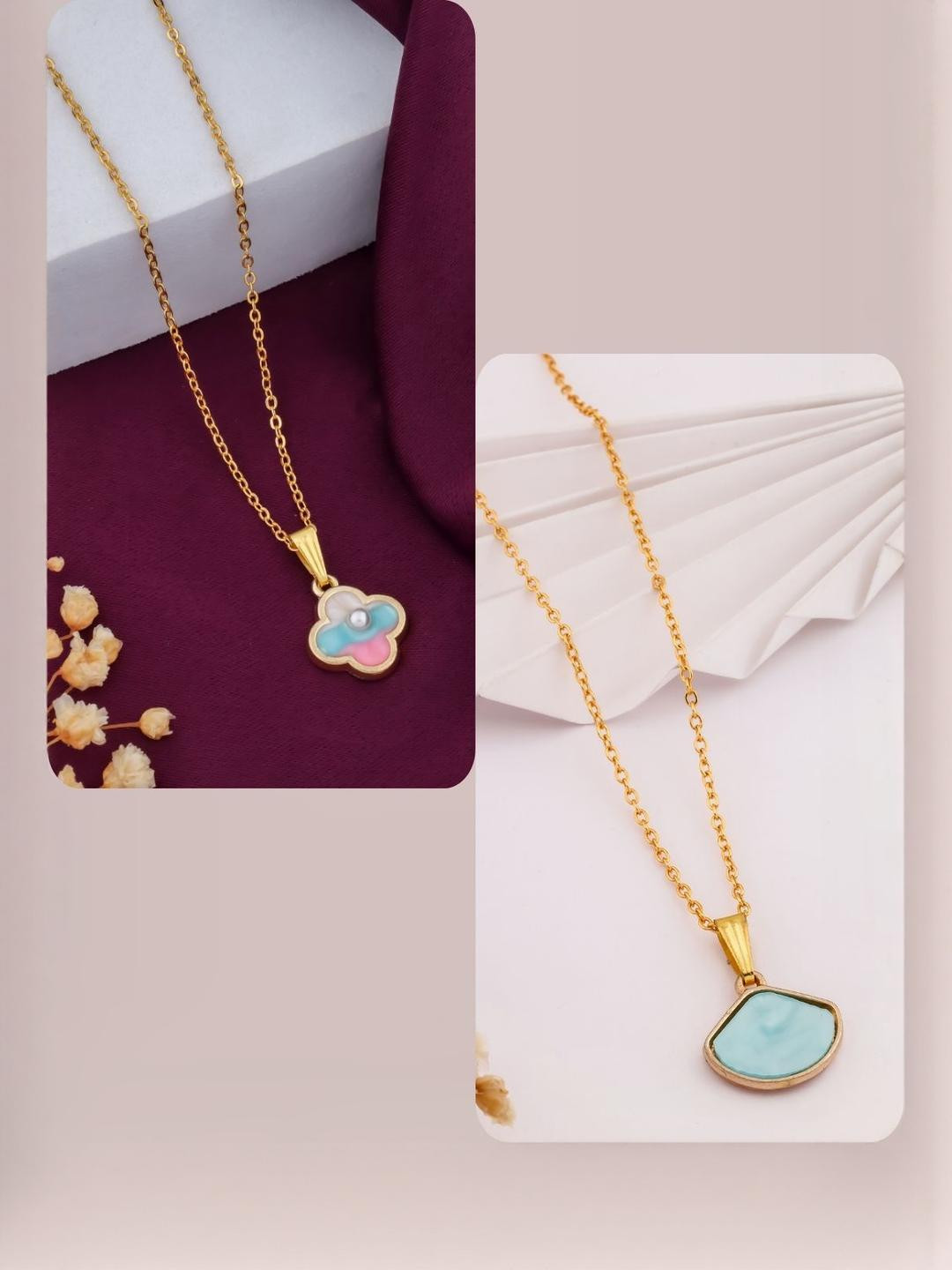 DressBerry Women Set Of 2 Pink & Blue Brass Gold-Plated Coral & Clove Leaf Charm Chains