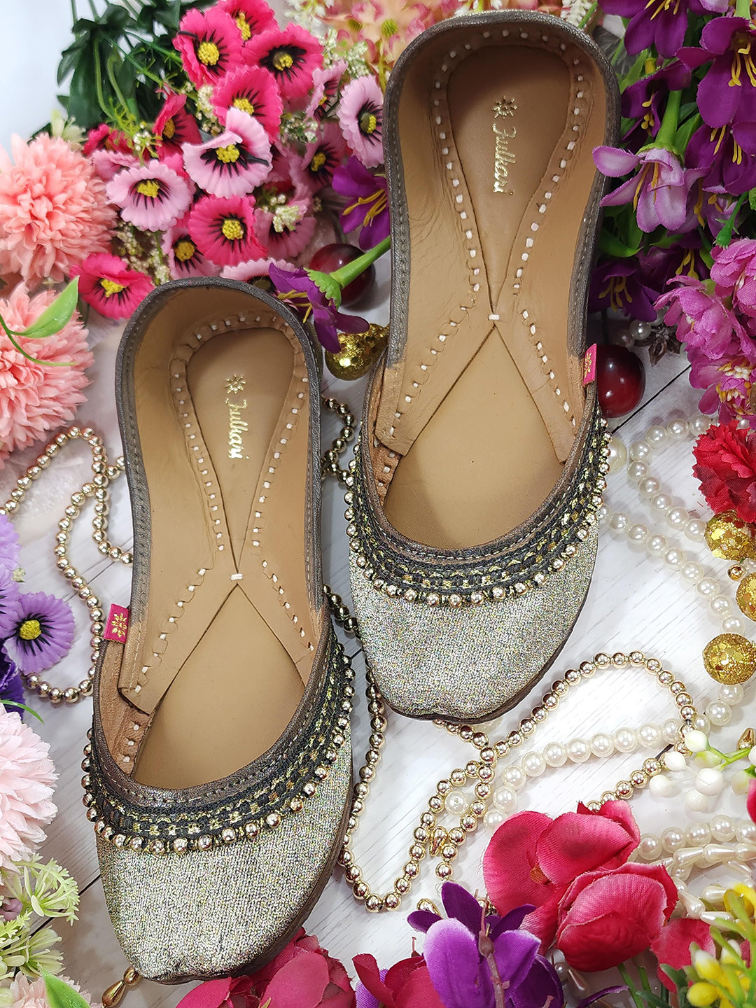 Fulkari Women Embellished Leather Ethnic Mojaris