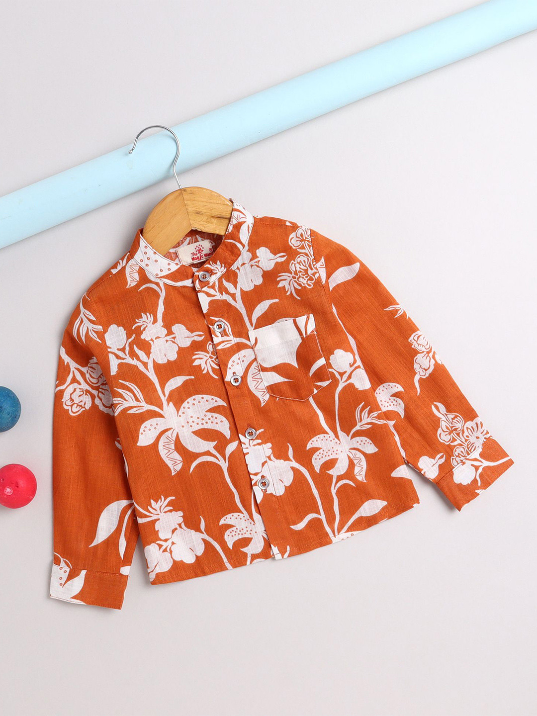 The Magic Wand Boys Comfort Fit Floral Printed Band Collar Cotton Formal Shirt