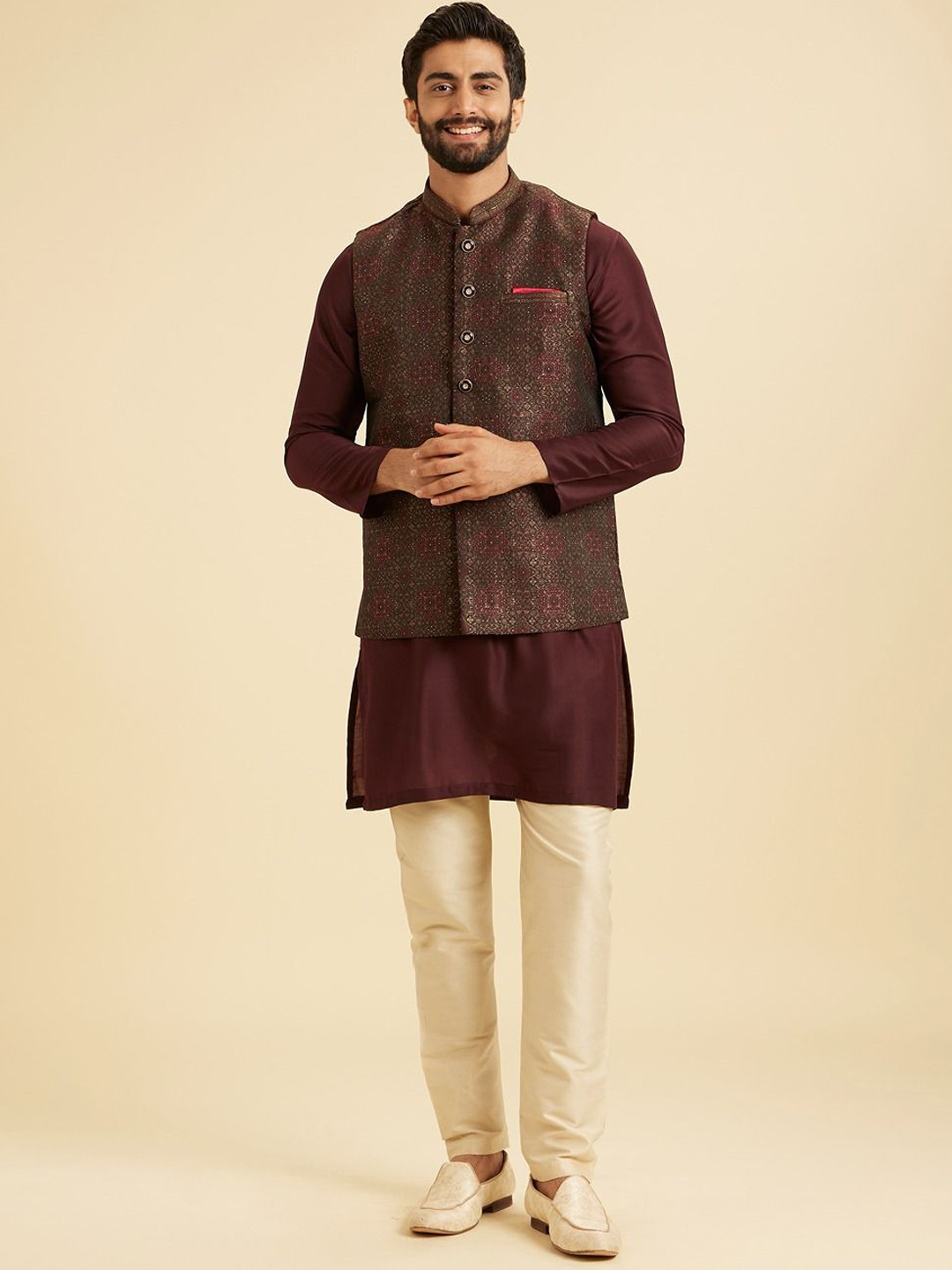 Manyavar Printed Stone Work Brocade Nehru Jacket