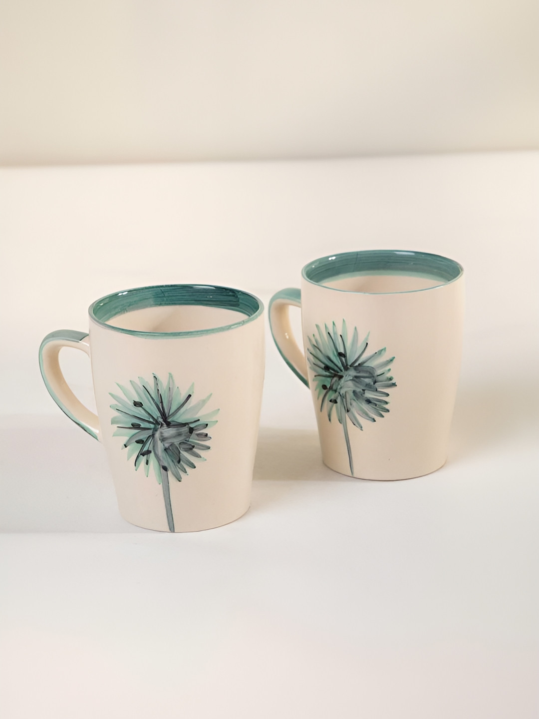 FREEDOM TREE Wonderland Sea Green & White 2 Pieces Hand Painted Printed Ceramic Matte Mugs