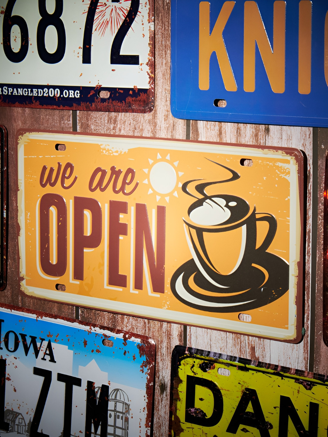 eazy wagon Number Plates wall sign - We are open Coffee Metal Glossy Signs and Plaques-6In