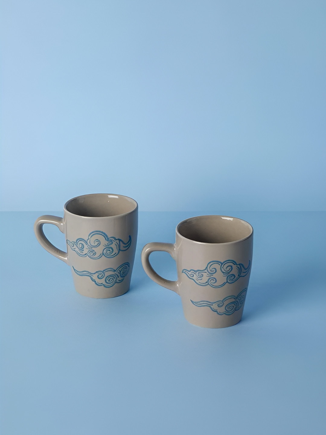 FREEDOM TREE Clouds Grey & Blue Hand 2 Pieces Painted Printed Ceramic Matte Mugs
