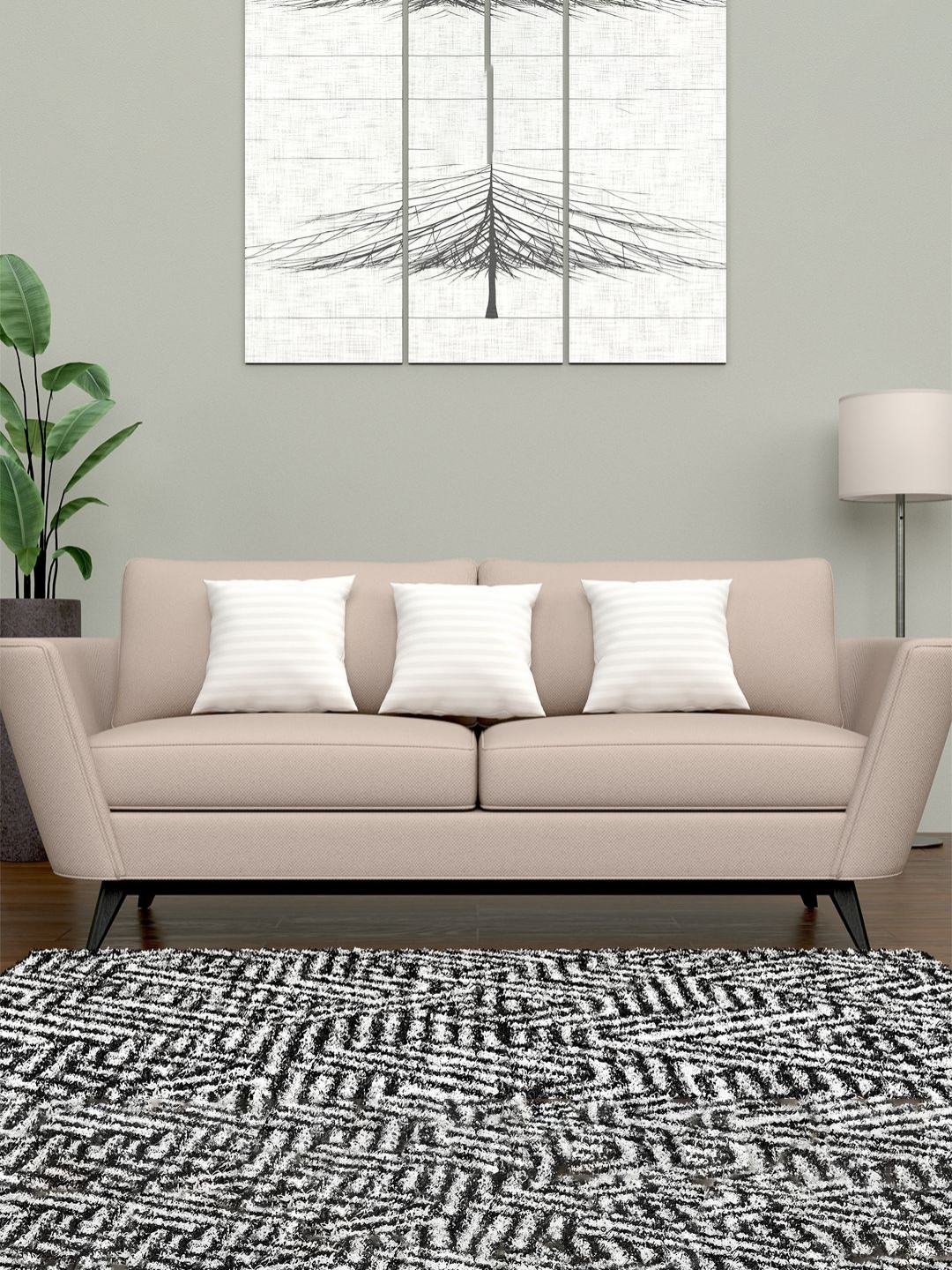 Aura White 3 Pieces Striped Microfiber Cushion Pillow Filler