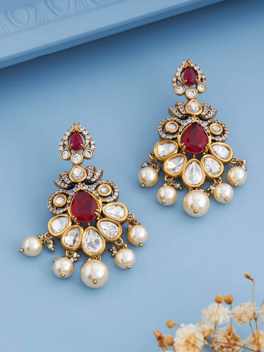 Kushal's Fashion Jewellery Women Vilandi Ruby Victorian-Plated Ethnic Drop Earrings