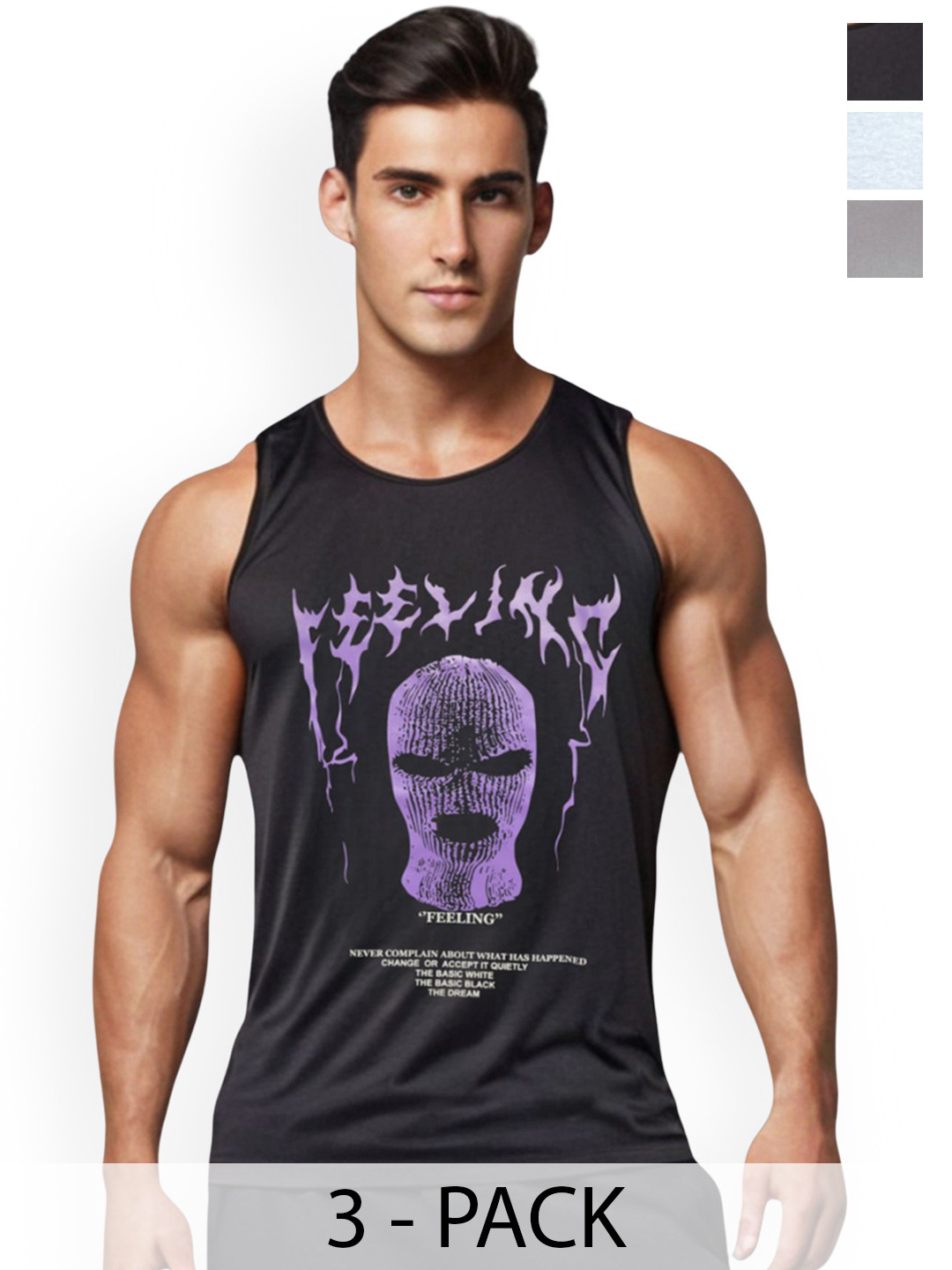 Looks United Men Pack Of 3 Printed Round Neck  Gym Vests 3VST-1021GR-1022BK-1023WT-M