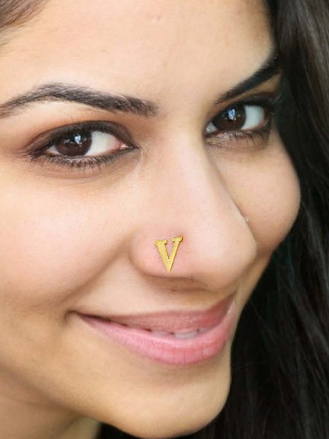 Goldnera Gold Plated V Alphabet Design No Piercing Stud Nosepin