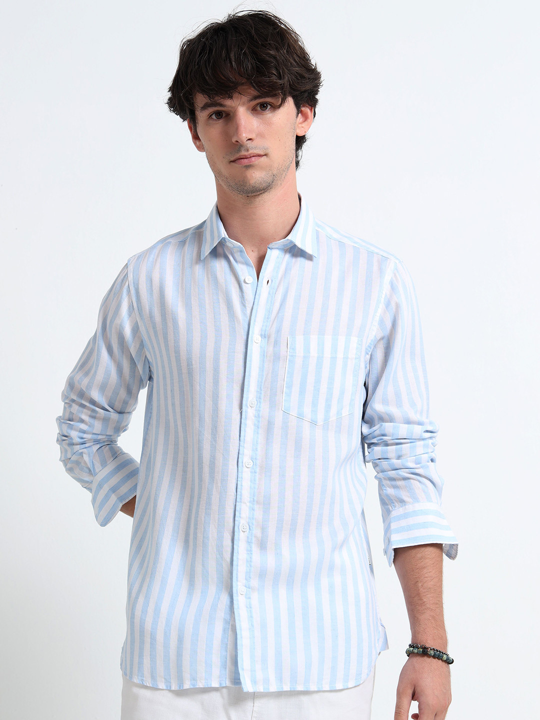 MARTIN SMITH Vertical Striped Long Sleeves Linen Shirt