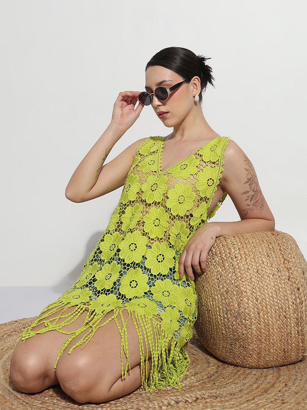 SHOWOFF Women Floral Embroidered Fringed Lace Longline Crochet Top