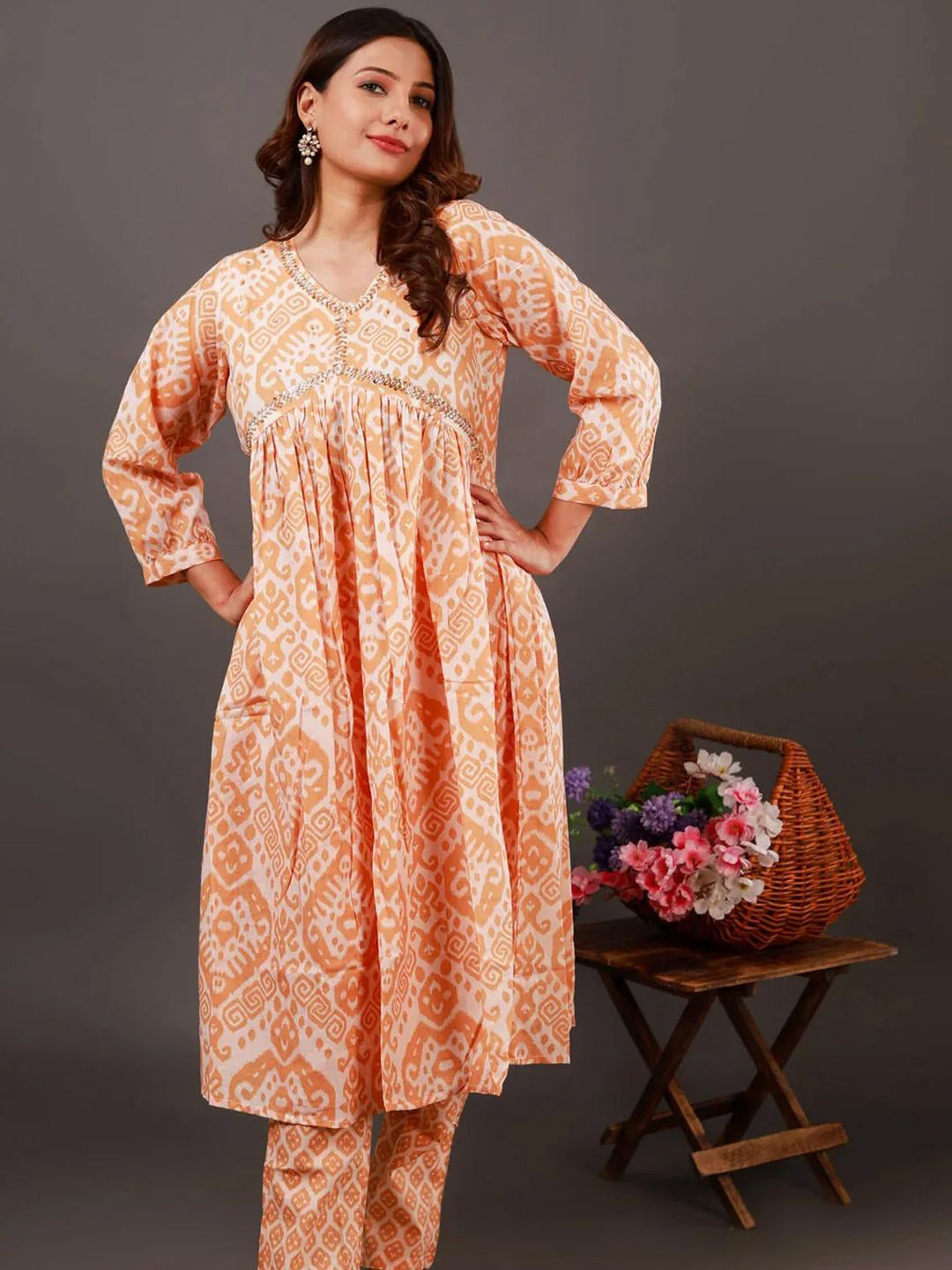 NEED APPARELS Floral Embroidered V-Neck Flared Anarkali Pure Cotton Kurta With Trousers