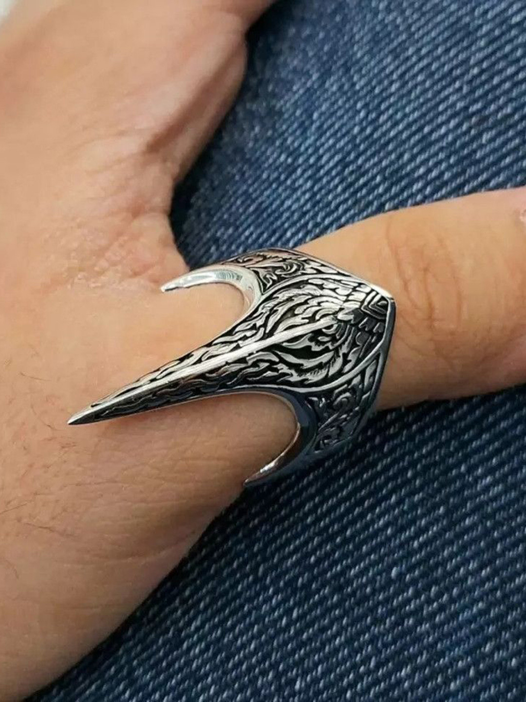 Zoey Unisex Silver-Plated Intricate Textured Adjustable Ertugrul Gazi Finger Ring