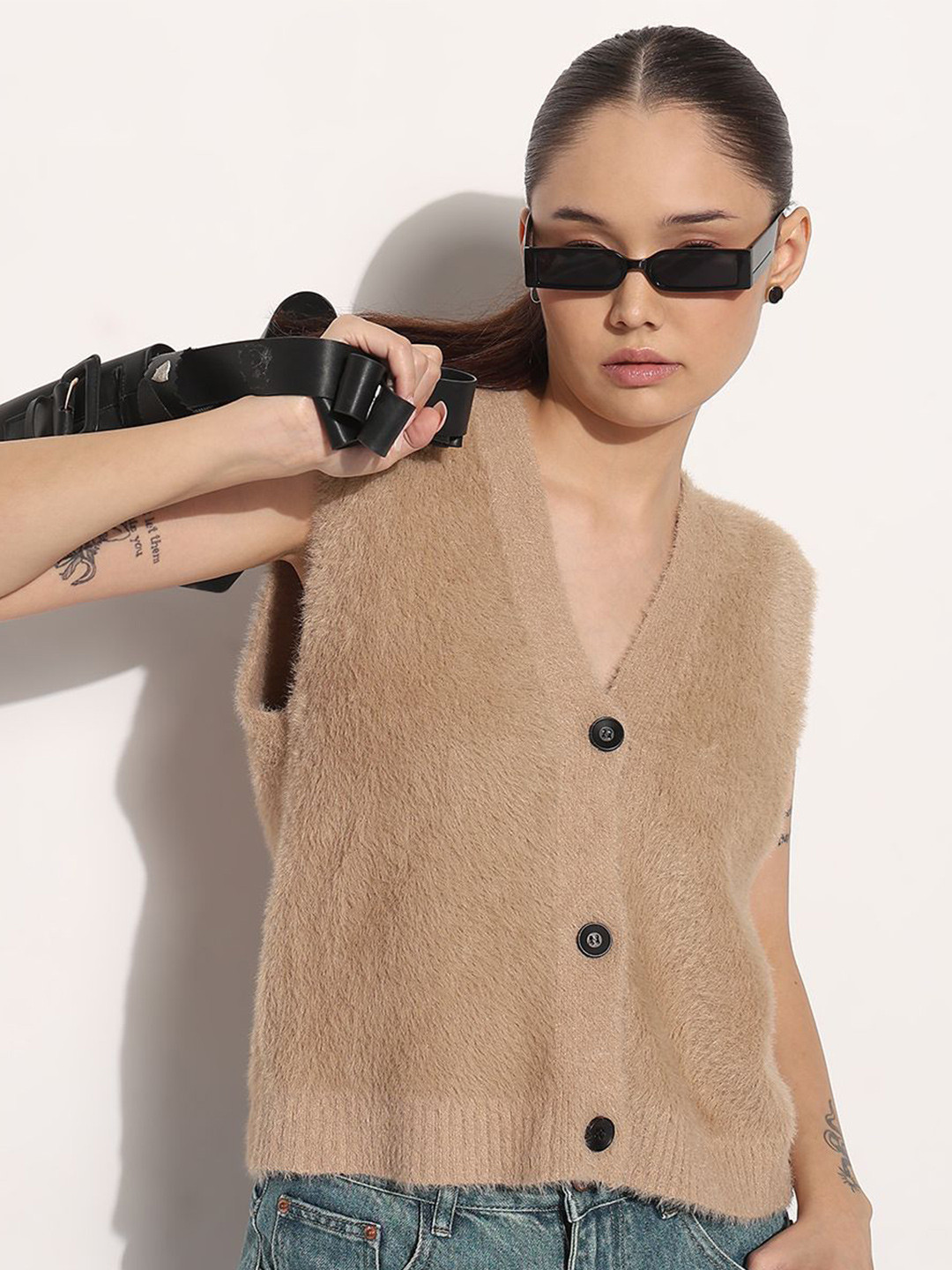 SHOWOFF Women V-Neck Sleeveless Faux Fur Trim Shirt Style Top