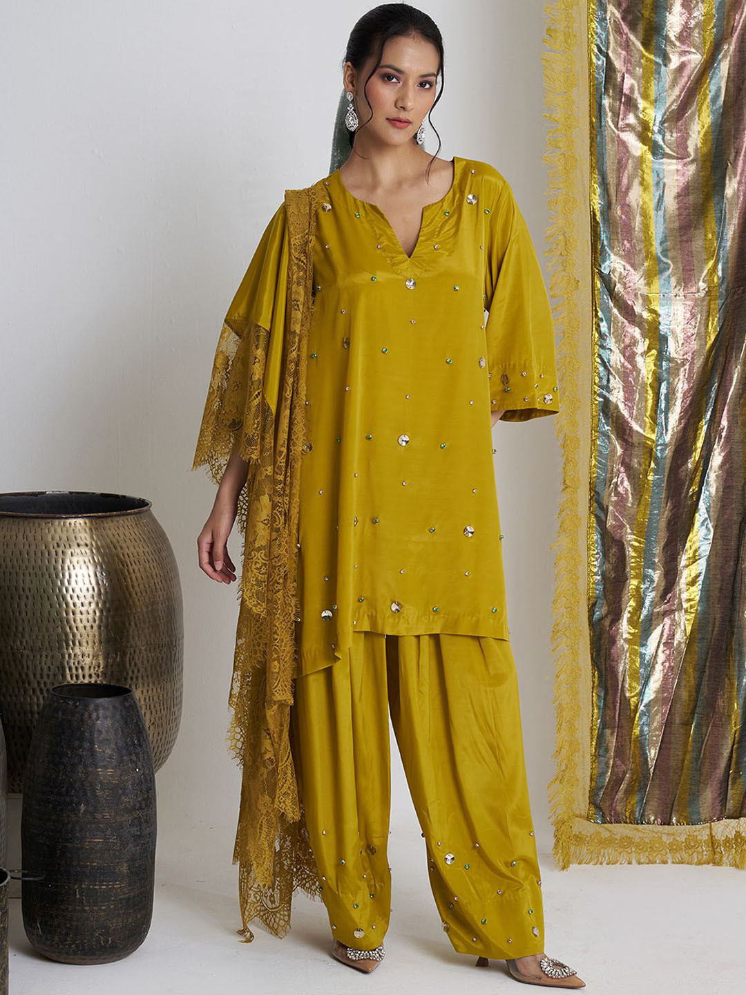 Siyona by Ankurita Embroidered Notch Neck Beads &  Stones Kurti With Salwar & Dupatta